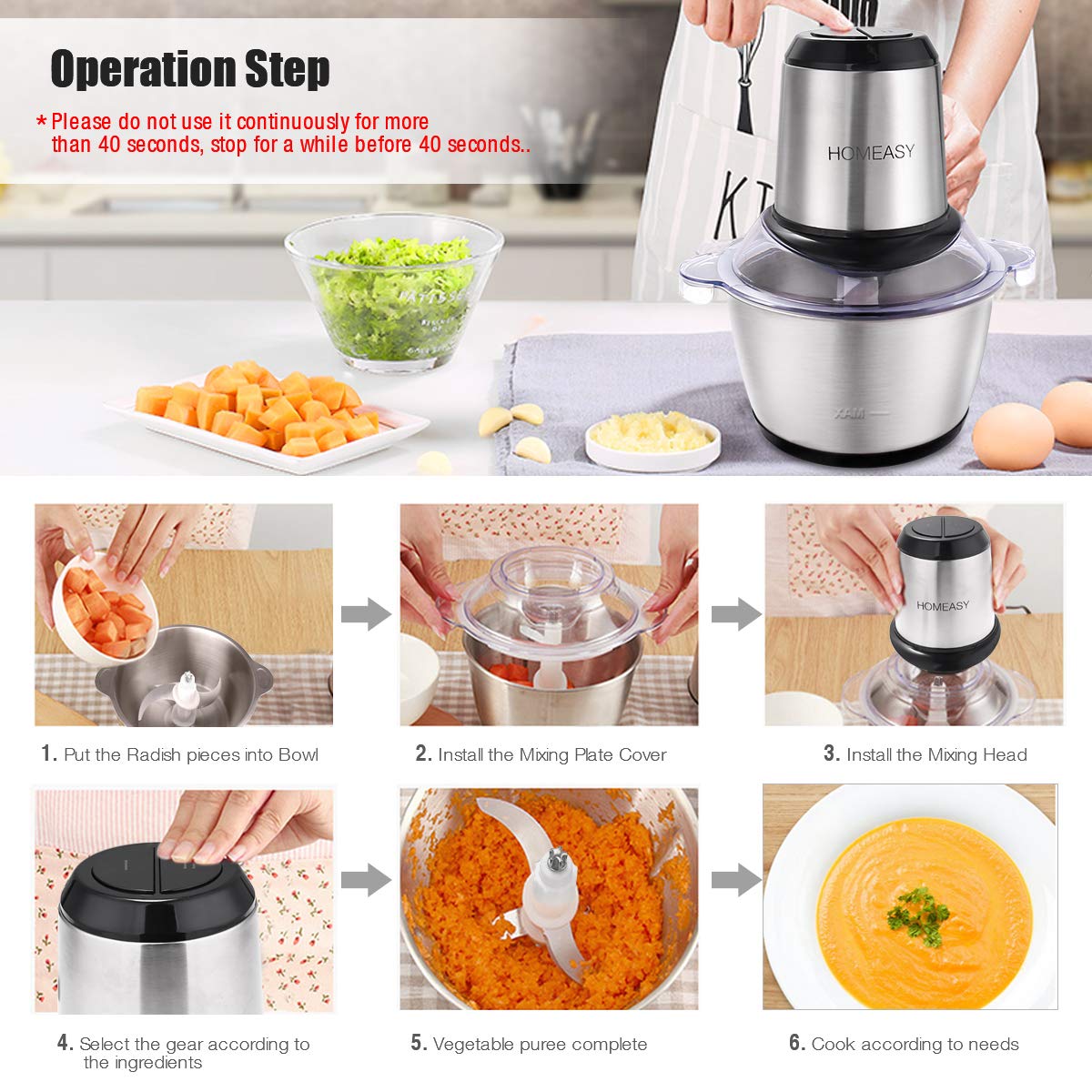 Electric Meat Grinder & Food Processor - 2L Stainless Steel Meat Blender, Vegetable Chopper & Nut Grinder with 4 Sharp Blades (350W, 8 Cups) - Perfect for Home Kitchen, Meal Prep, Baby Food & Smoothies