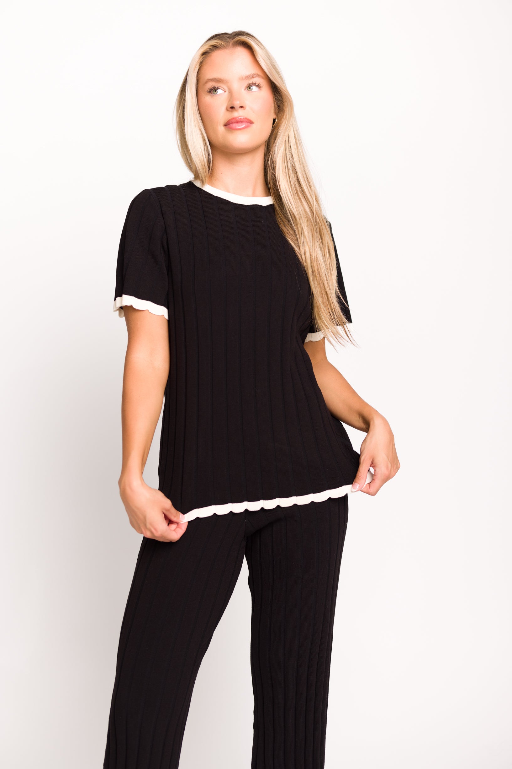 Adele Ribbed Knit Top and Pants Set - Women's Black Stretch Outfit for Casual Wear, Lounge & Fall Fashion