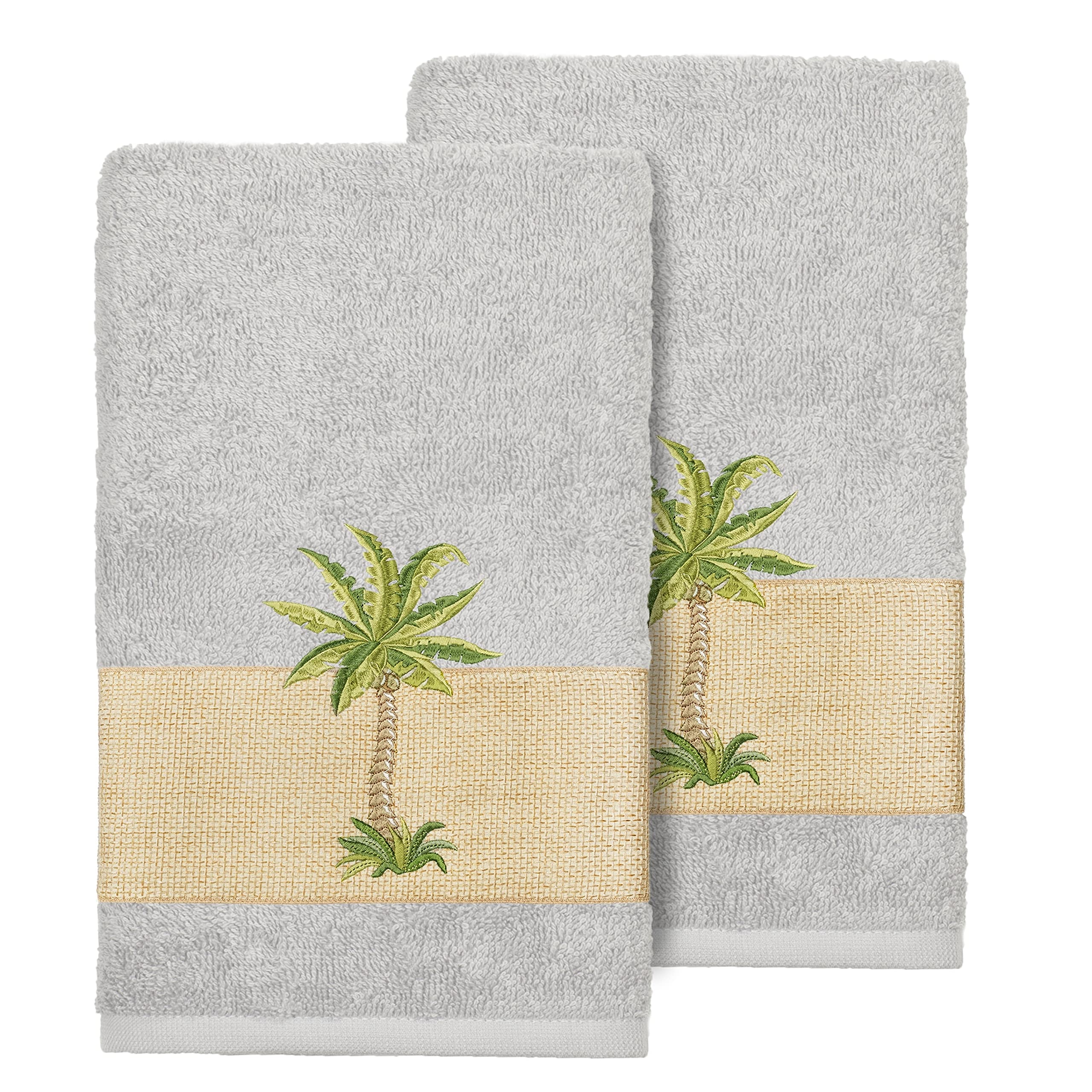 Premium Turkish Cotton Hand Towels Set of 2 - Soft Absorbent Palm Tree Embroidered Grey Bath Towels for Kitchen, Bathroom & Spa Luxury