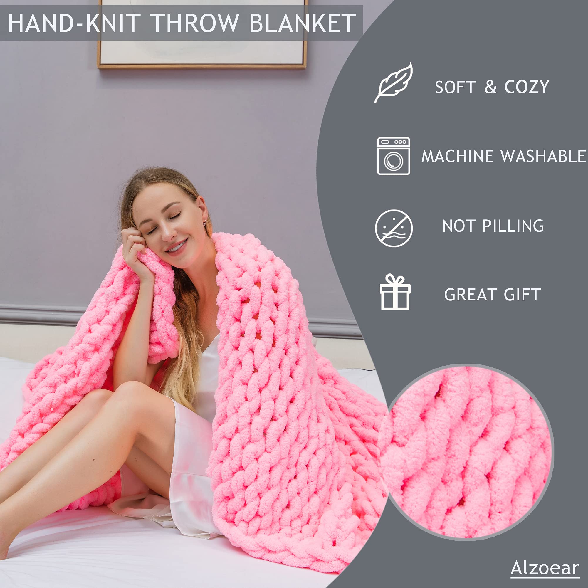 Alzoear Chunky Knit Throw Blanket - Chenille Handmade Cozy Warm Blanket for Sofa, Bed, Couch & Home Decor - Soft Luxurious 50x60 Inch Blanket for Winter, Gift Giving & Cozy Evenings (Bright Pink)