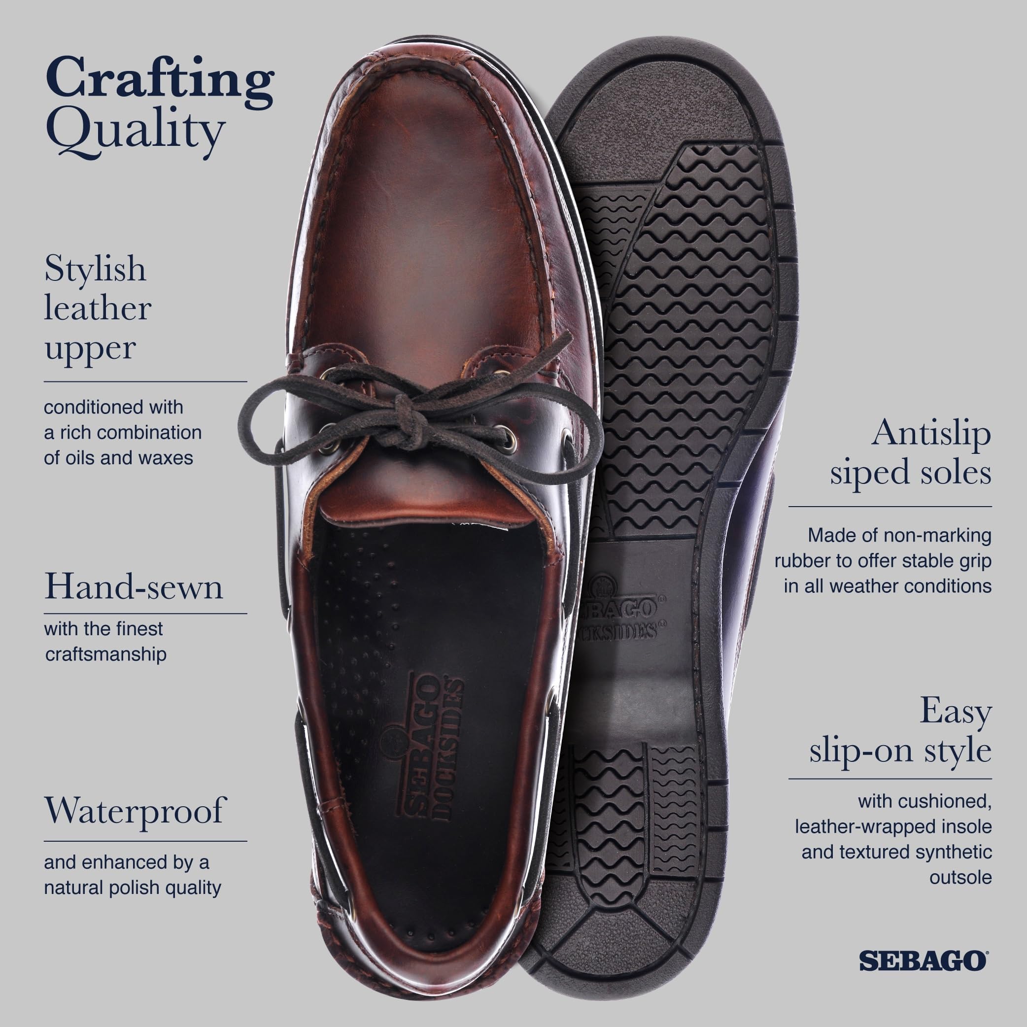 Sebago Men's Schooner Waterproof Leather Boat Shoes - 360-Degree Rawhide Lacing Non-Slip Soles | Casual Moccasins for Sailing, Boating & Outdoor Activities