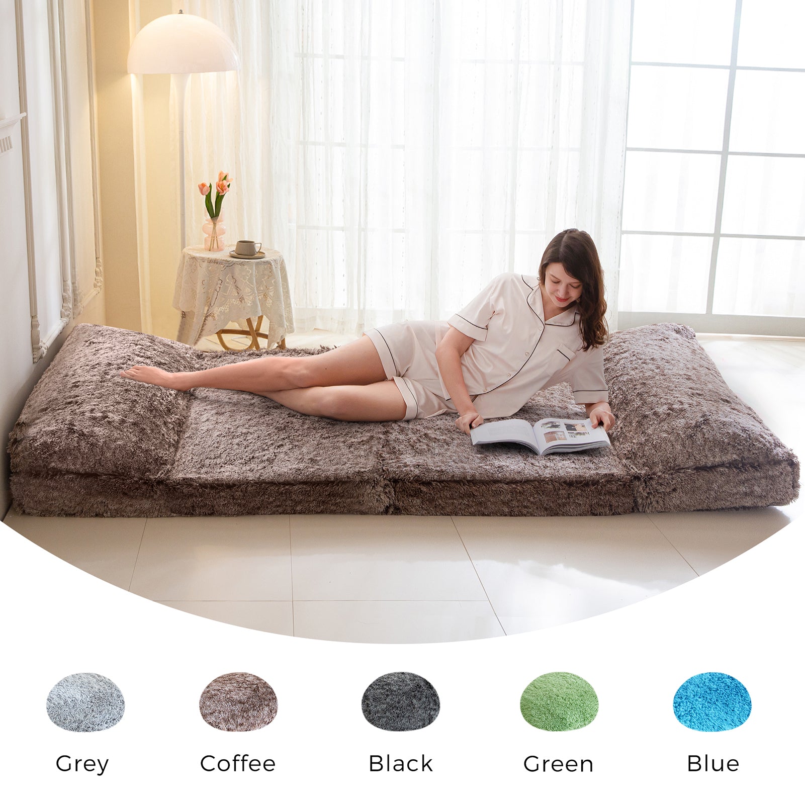 MAXYOYO Folding Bean Bag Sofa Bed - Soft Faux Fur Floor Chair with Foam Filling, Convertible Wall Couch Sleeper for Living Room, Bedroom & Dorm | Perfect for Lounging, Gaming & Extra Guest Sleeping