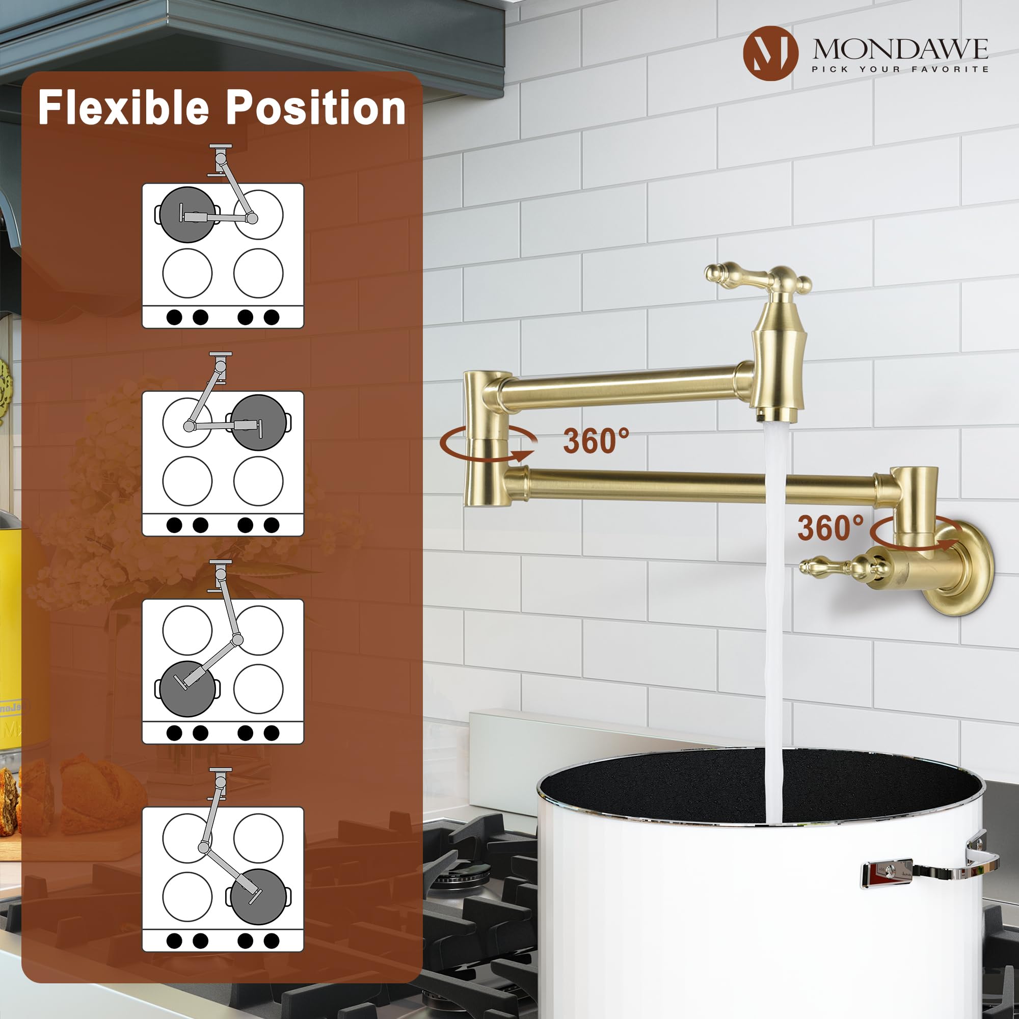 MONDAWE Brushed Gold Wall Mount Pot Filler Faucet - 1.8 GPM Retro Kitchen Faucet with Double Joint Swing Arms, Lead-Free Brass Stove Faucet for Pasta & Cooking - Perfect for Modern Farmhouse & Industrial Style Kitchens