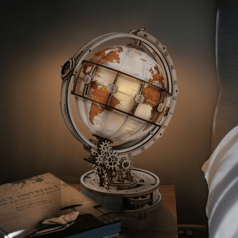3D Wooden Illuminated Gold Globe - Decorative World Map for Home Office Decor, Gift & Night Light