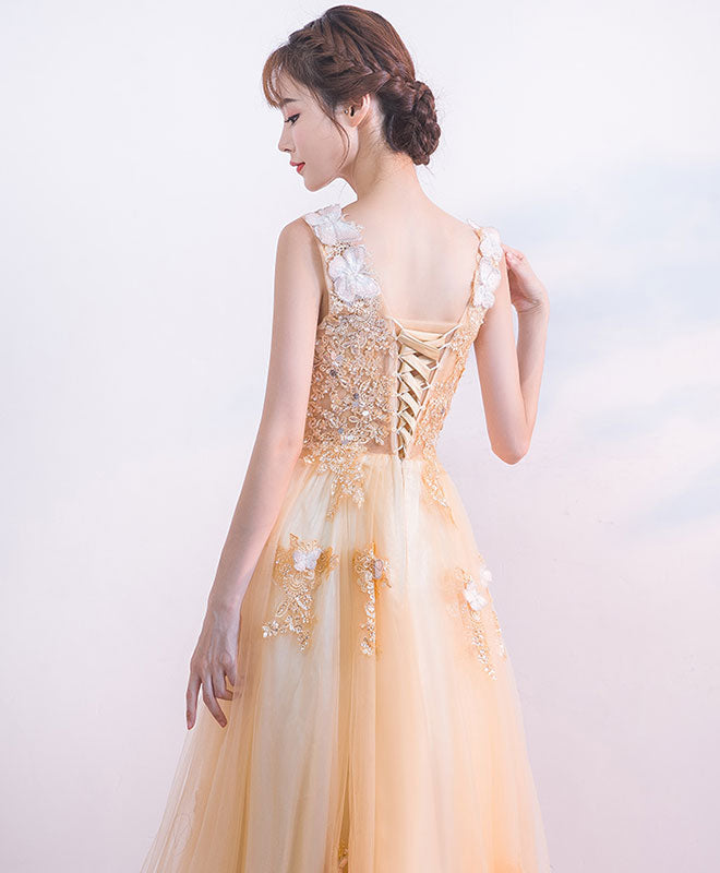 Elegant Champagne Tulle Lace Long Prom Dress - A-Line Evening Gown for Formal Dances & Special Occasions | Perfect for Homecoming, Prom Night & Black Tie Events