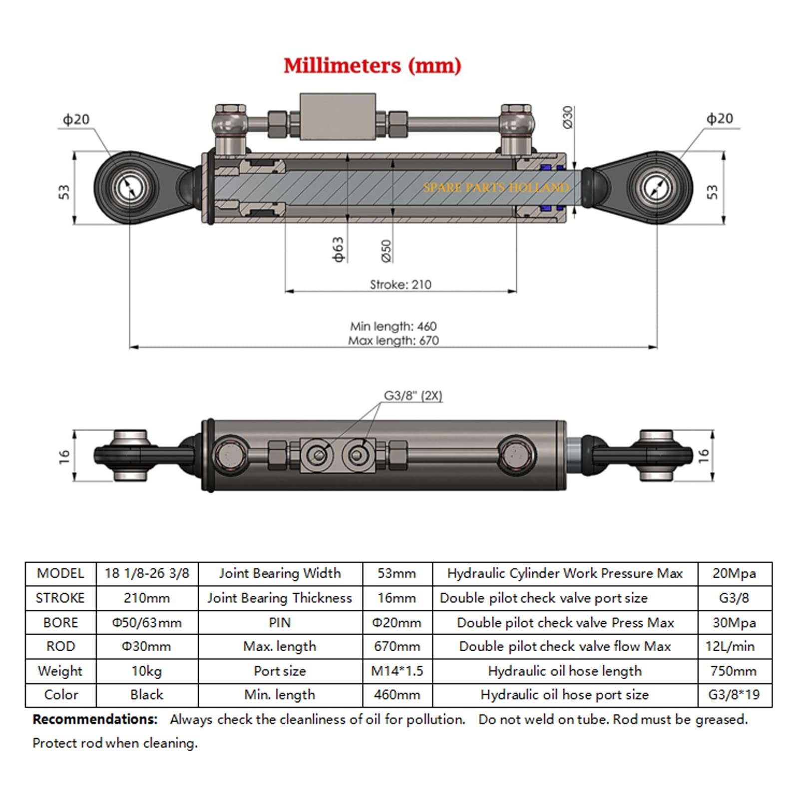 Heavy Duty Hydraulic Top Link Cat 1-1 with Locking Block | 16 1/8