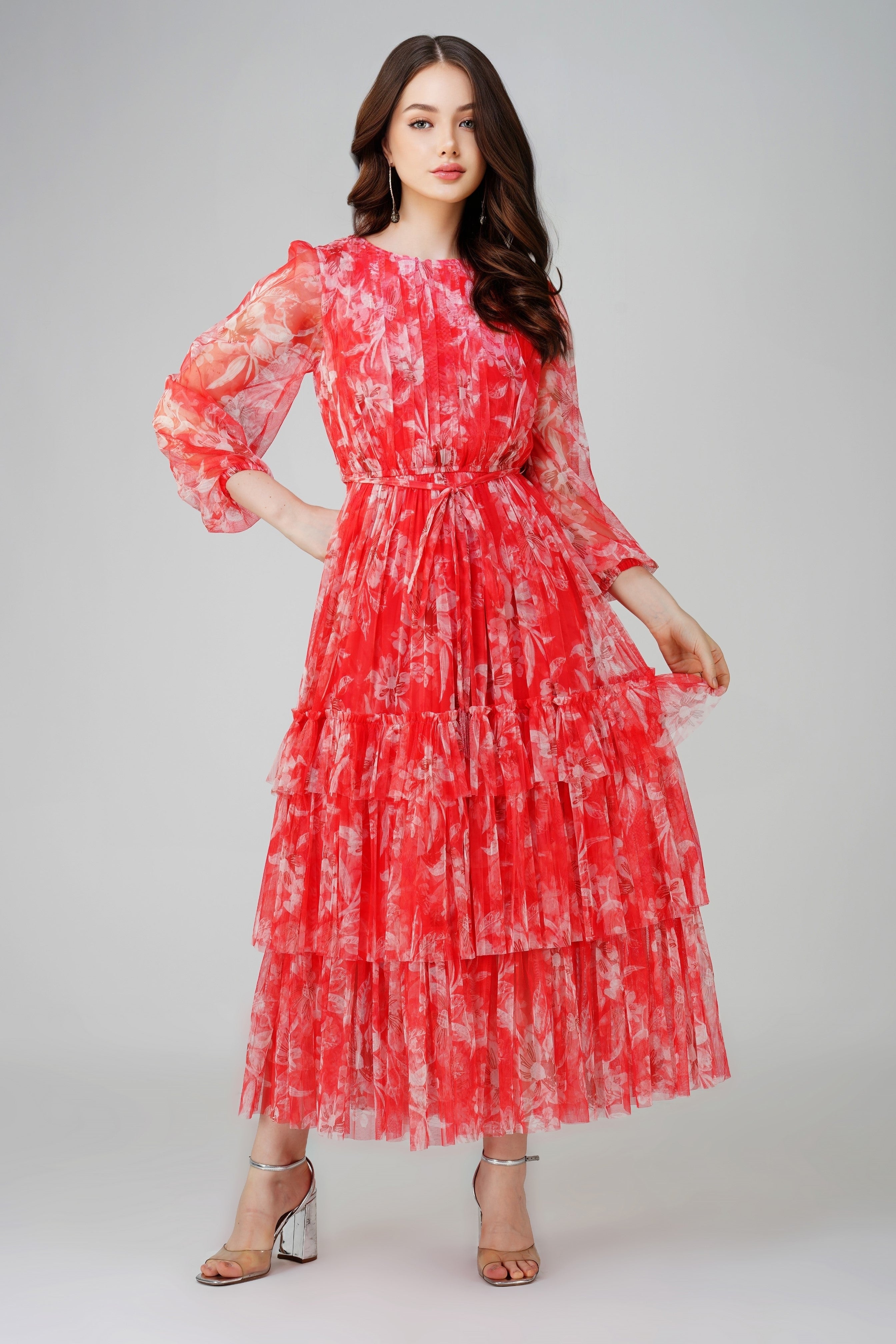 Rebecca Red Floral Print Midi Dress for Women | Elegant Casual & Party Wear | Perfect for Dates, Office, and Special Occasions