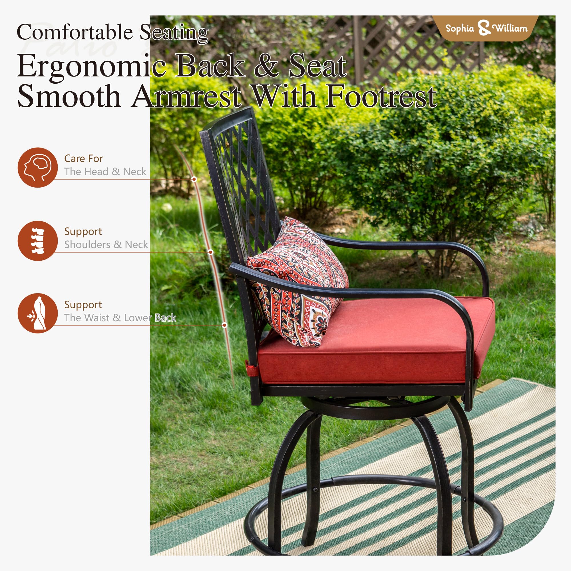 Sophia & William 4-Piece Outdoor Swivel Bar Stool Set - All-Weather Metal Patio Bar Height Chairs with Armrests & Red Cushions - Perfect for Garden, Lawn, Backyard, Poolside & Outdoor Dining Areas