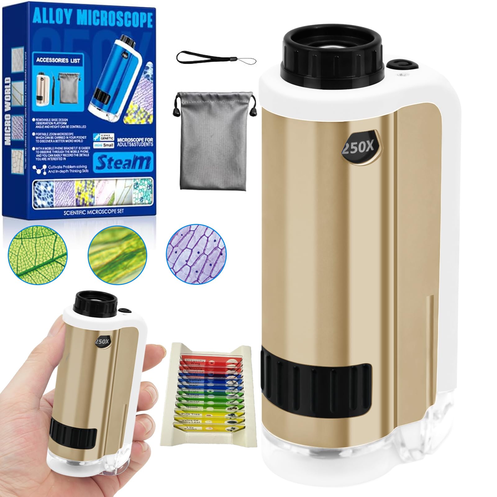 SETFLAGS Kids Pocket Microscope - 100x-250x Zoom Portable Handheld Microscope with 12 Specimen Slides | STEM Science Toys for Ages 6+ | Perfect for Classroom, Outdoor Exploration & Science Projects | Great Gift for Little Scientists
