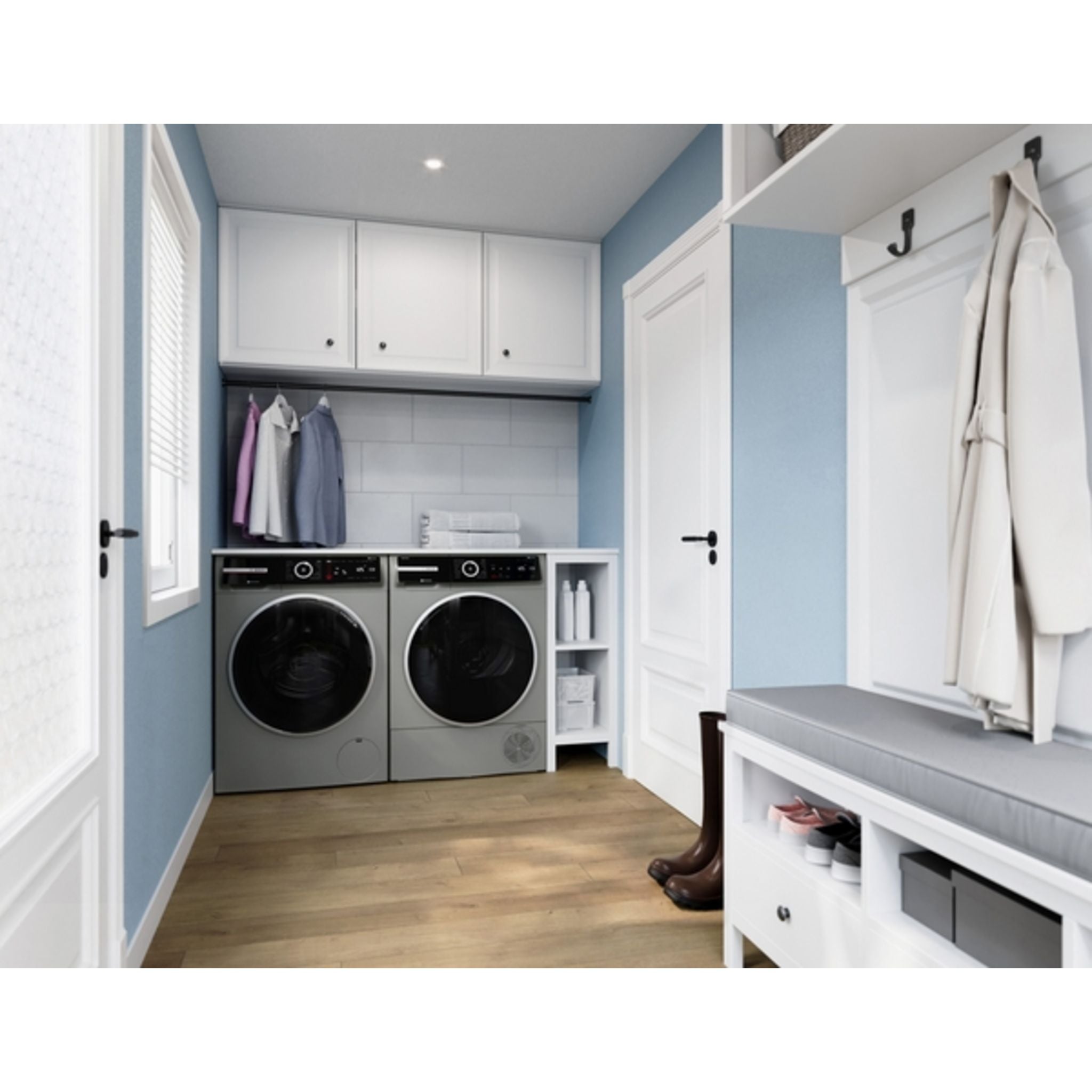 Bosch WGB246AXUC & WQB245AXUC Front Load Washer and Dryer Set in Pearl Steel - Perfect for Laundry Rooms & Small Spaces
