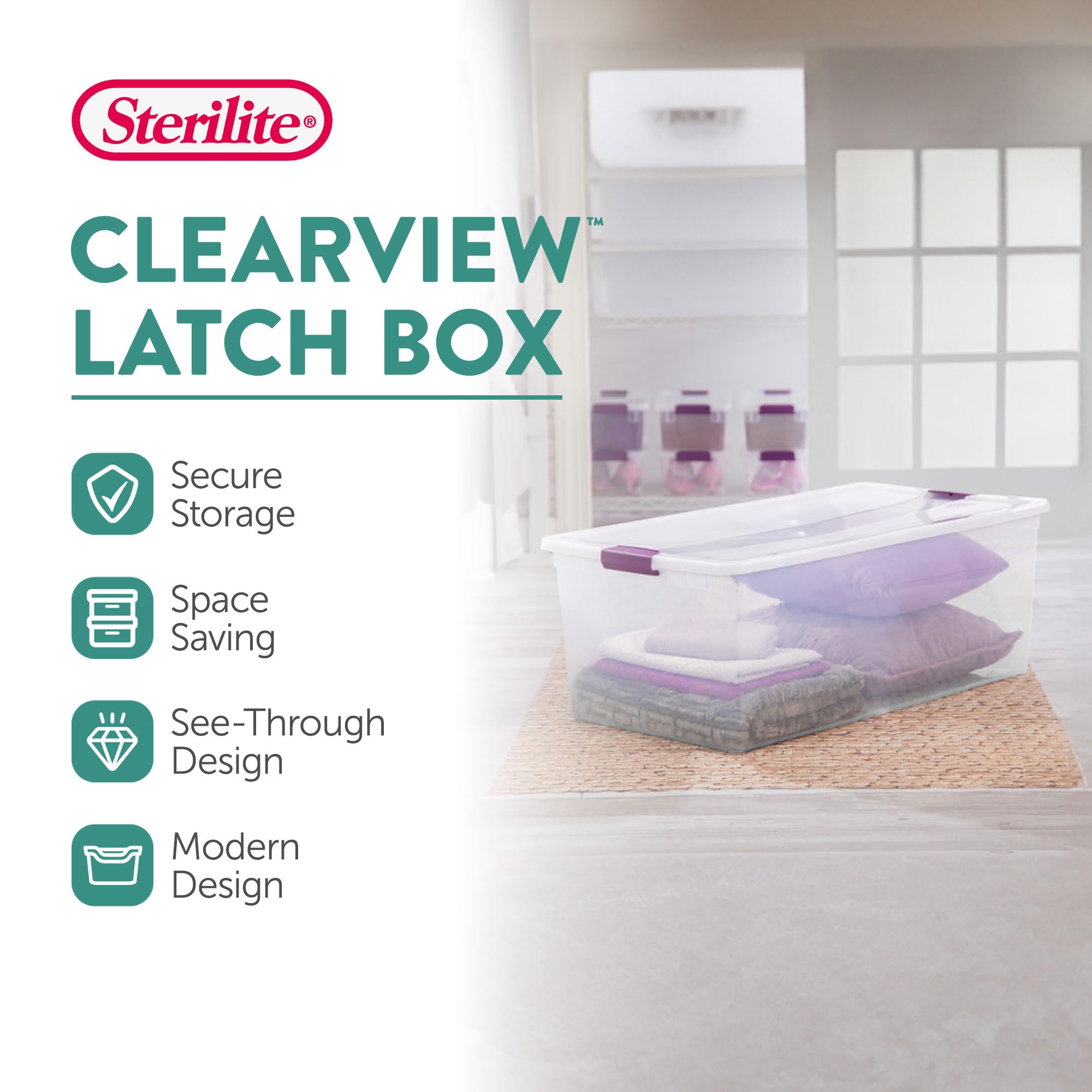 Sterilite 4-Pack ClearView Latch Storage Box - 110 Quart Stackable Plastic Bins for Home Organization | Perfect for Closet, Garage, Toy & Seasonal Storage