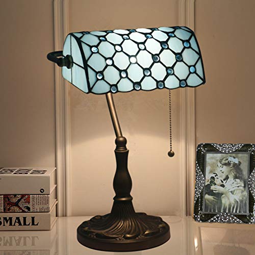 Vintage Tiffany Style Blue Glass Banker Lamp - LED Desk Light with Beaded Shade for Reading, Bedroom, Office & Restaurant Decor | Energy Efficient Table Lamp for Home, Hotel & Workspace