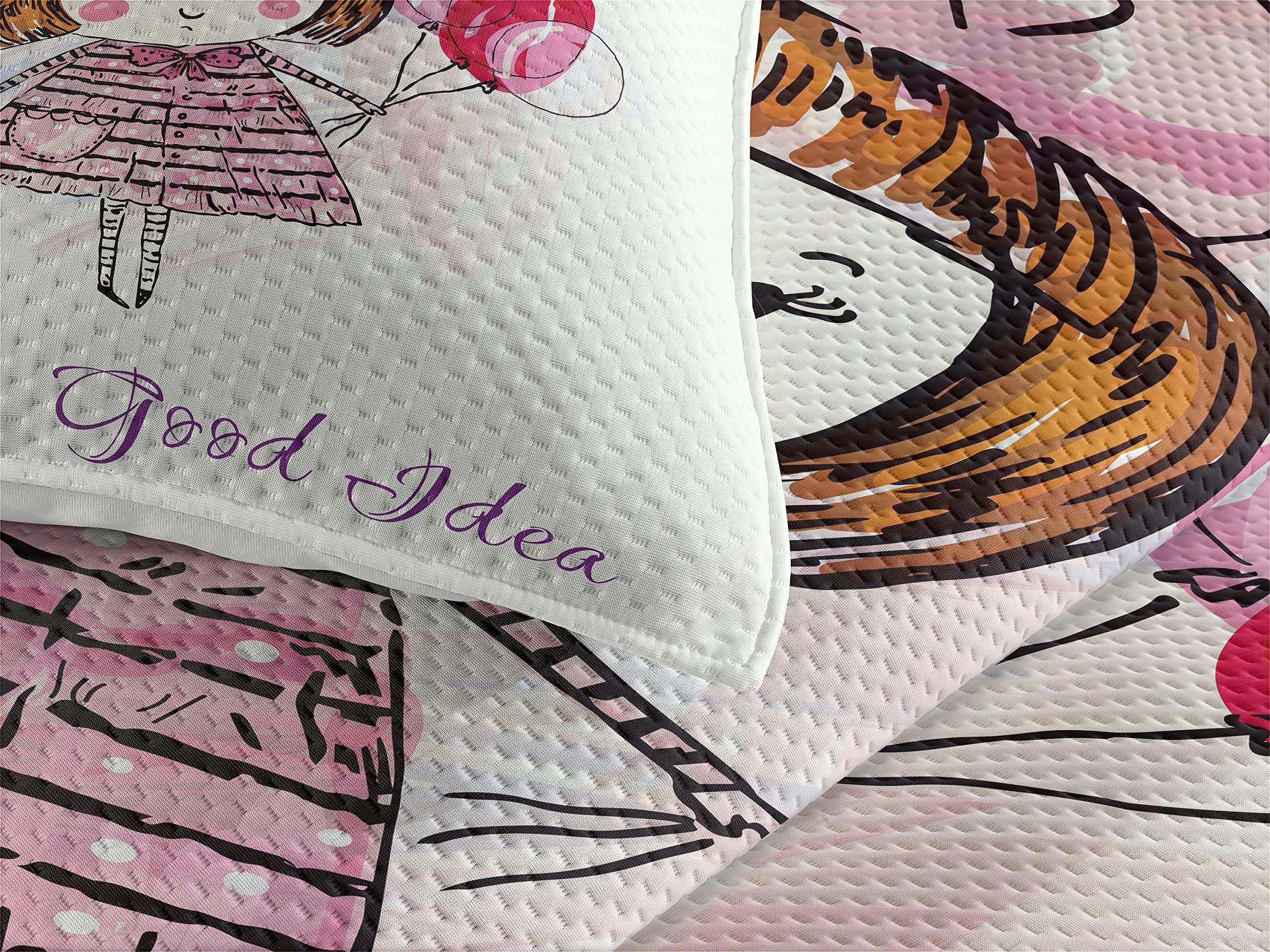 Ambesonne Paris 3-Piece Quilted Bedspread Set - King Size Pale Pink Purple White Coverlet with 2 Pillow Shams, Little Girl Holding Balloons Hearts Cloud & Eiffel Tower Illustration | French Themed Bedding for Girls Room, Nursery Decor, Romantic Bedroom Makeover