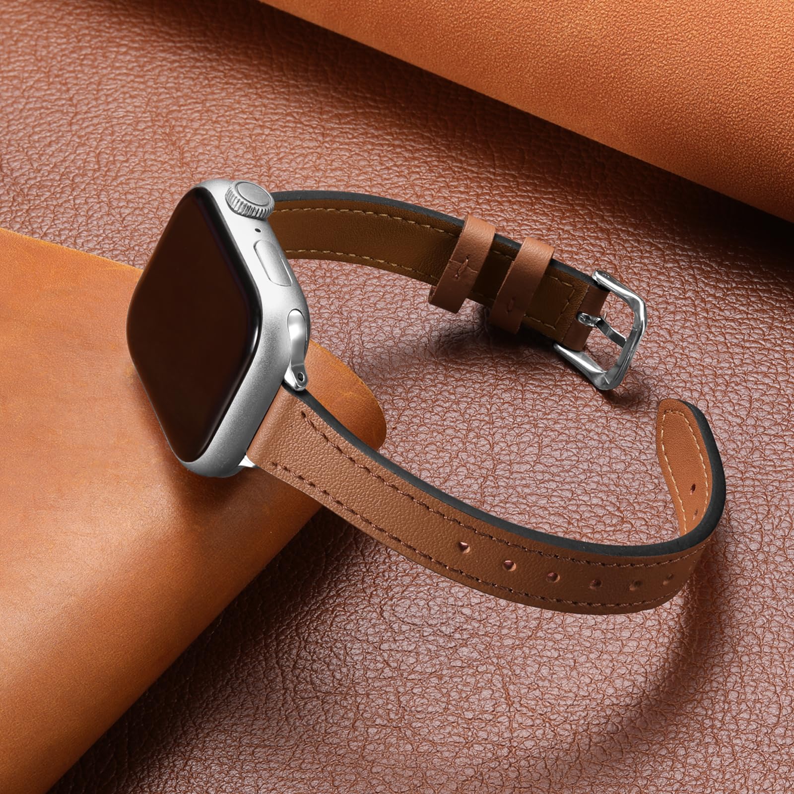 Premium Genuine Leather Strap for Apple Watch 38mm/40mm/41mm/42mm/44mm/45mm/46mm/49mm - Slim Thin Band Compatible with iWatch Series Ultra 2, SE, Series 10/9/8/7/6/5/4/3/2/1 - Elegant Women's Fashion Accessory for Work, Gym & Everyday Wear