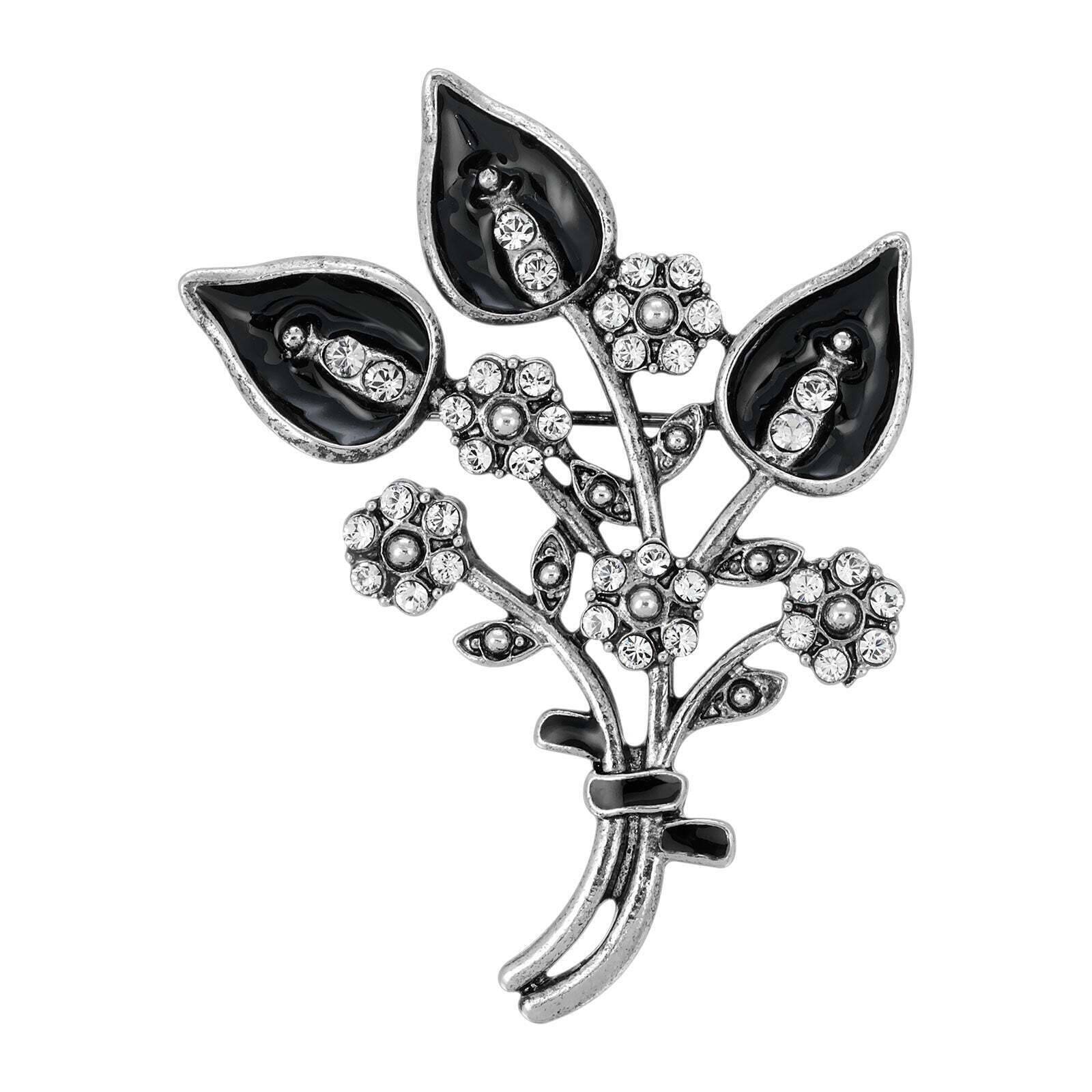 Vintage 1928 Jet Black Enamel Crystal Flower Brooch Pin - Elegant Floral Jewelry for Women, Perfect for Weddings, Parties & Special Occasions