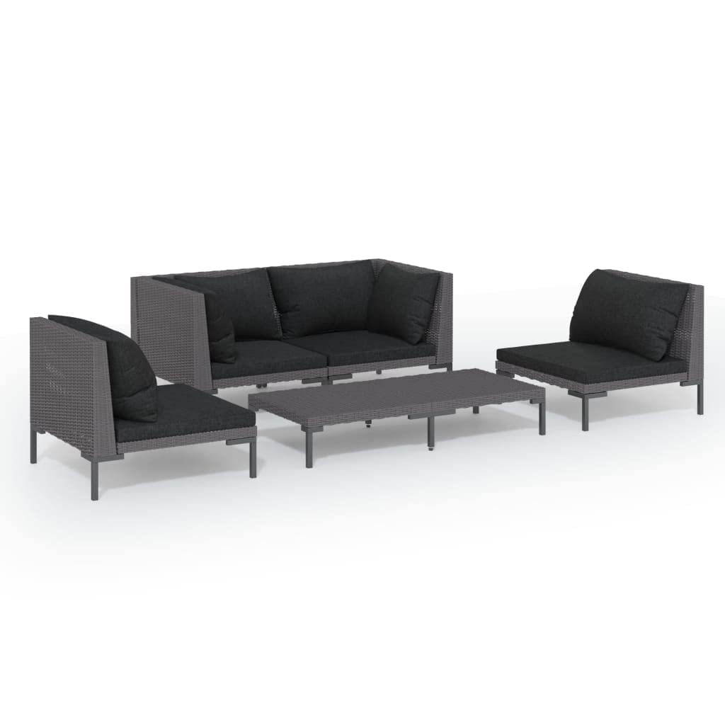 vidaXL 5-Piece Patio Lounge Set - Modern Dark Gray Poly Rattan Outdoor Sectional Sofa with Cushions - Perfect for Backyard, Poolside & Garden Relaxation