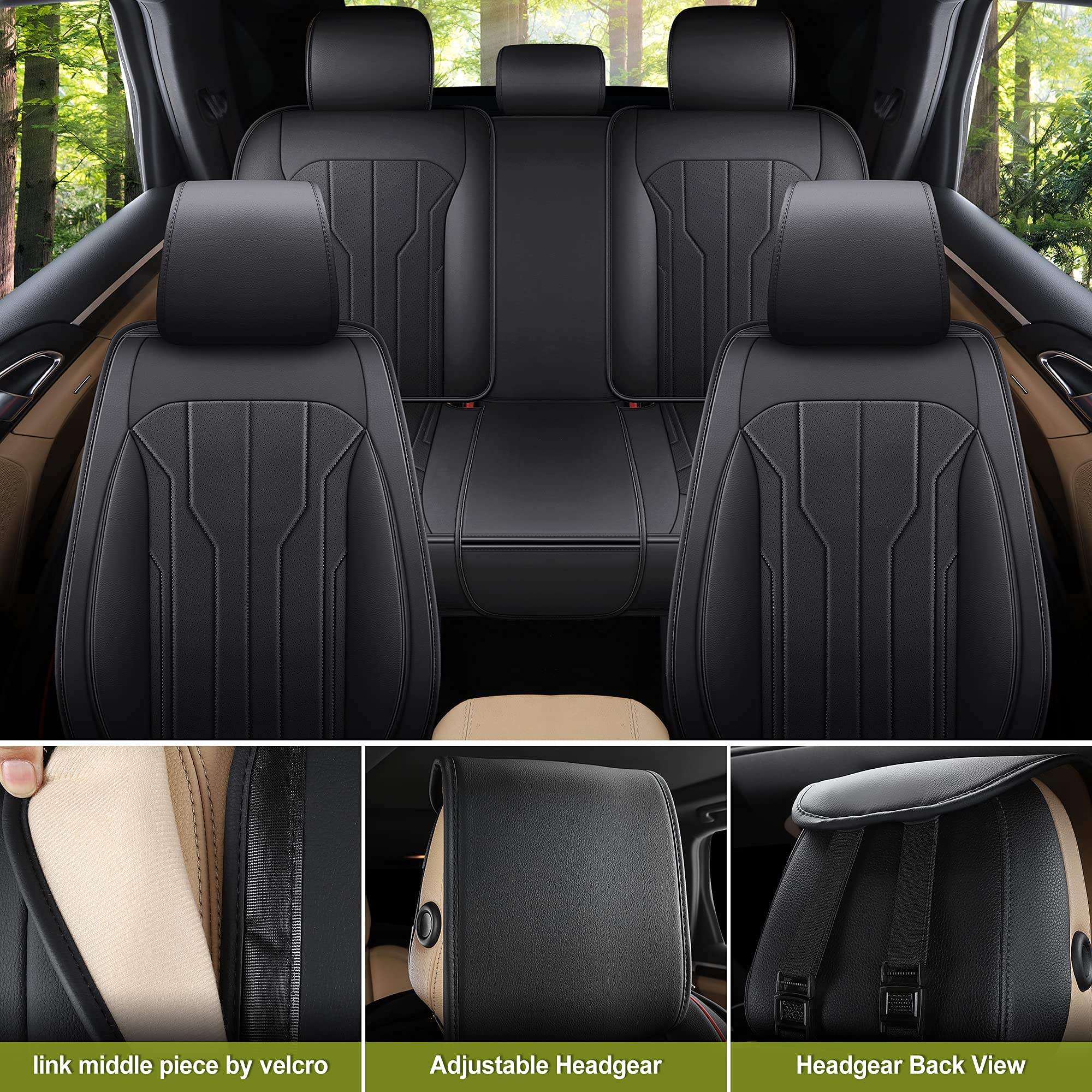 Premium AOOG Leather Car Seat Covers - Universal Fit Leatherette Automotive Seat Protectors for Cars, SUVs & Trucks | Non-Slip Vehicle Interior Accessories (Full Set, Black) | Perfect for Daily Commute, Road Trips & Family Travel