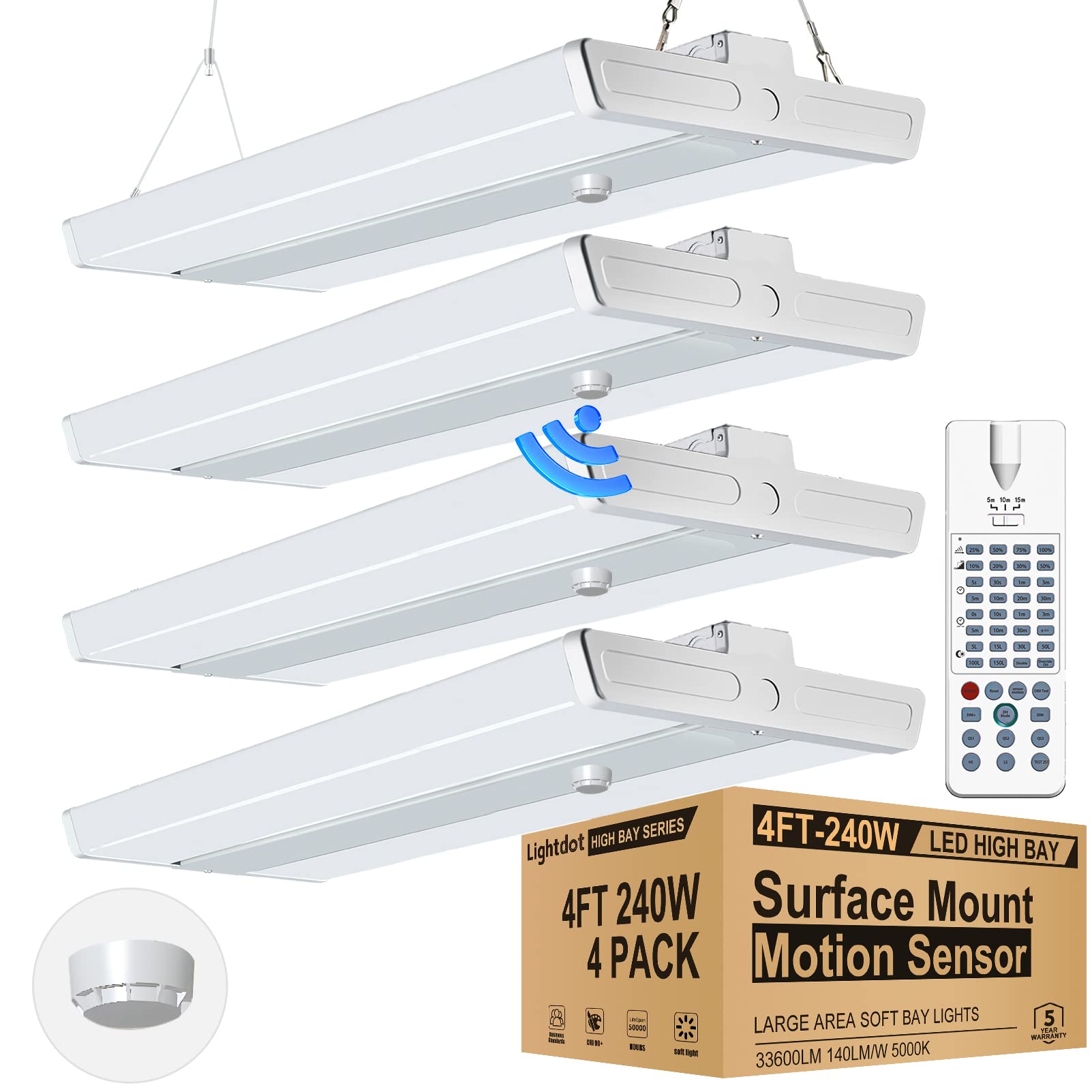 4FT Smart LED High Bay Light - Energy Saving, Self-Setting with Timer & Motion Sensor - 240W (960W HPS Equivalent) - Adjustable Distance & Remote Control - 4 Pack - Perfect for Warehouses, Factories, and Commercial Spaces