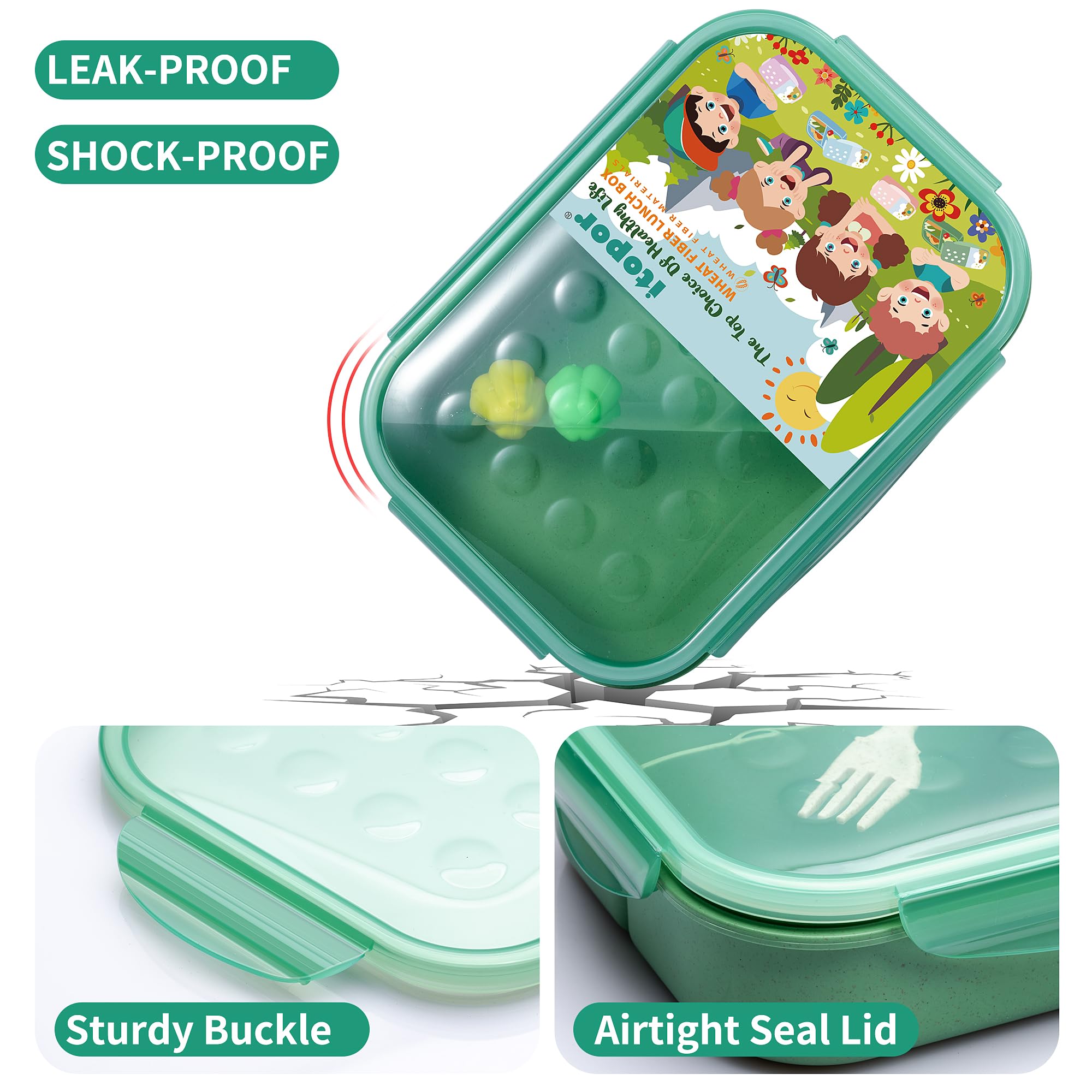 Itopor® Leak-Proof Bento Lunch Box for Kids & Adults - 1300ml Wheat Fiber Eco-Friendly Microwave & Dishwasher Safe Food Container with Utensils (Green) - Perfect for School, Office, Picnics & Meal Prep