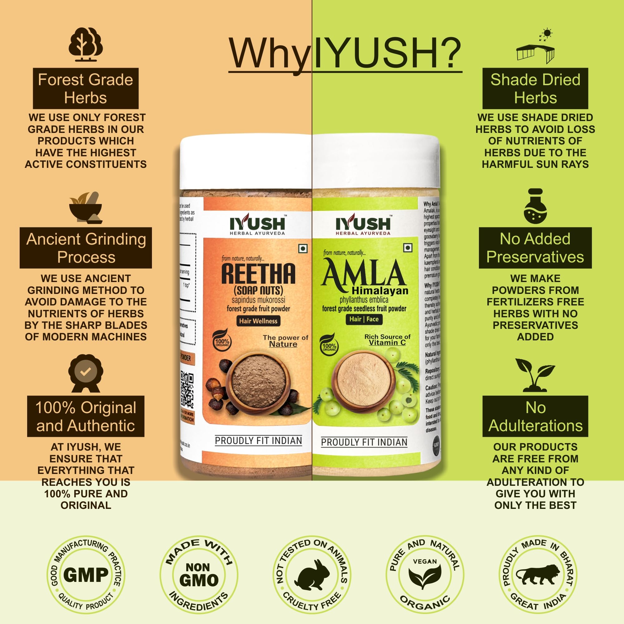 IYUSH Herbal Ayurveda Amla & Reetha Powder for Hair Growth & Scalp Care - 100% Natural Hair Treatment (Pack of 2 x 100g) - Promotes Stronger, Longer Hair & Reduces Hair Fall - Perfect for DIY Hair Masks & Ayurvedic Hair Care Routines