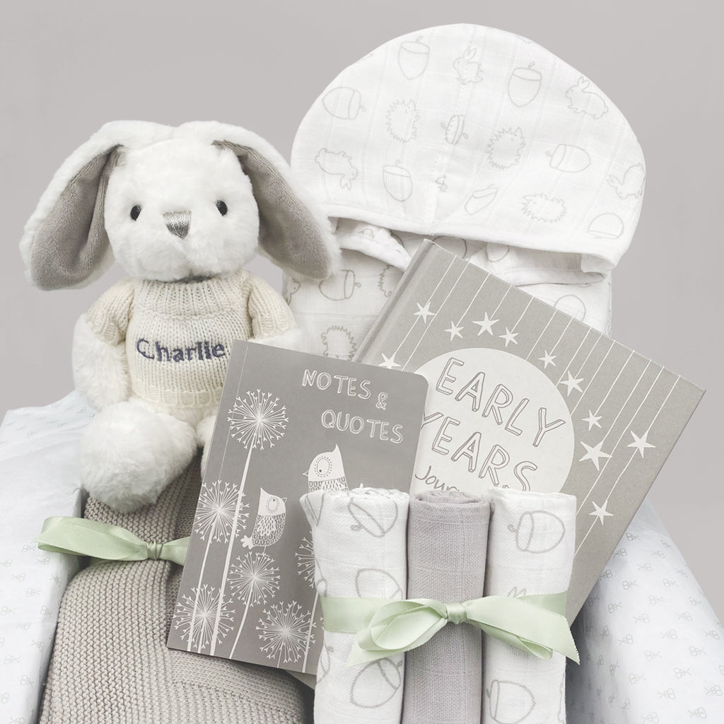 Personalized Little Bunny Keepsake Gift Basket - Baby Shower, Easter, Birthday & Newborn Present Ideas
