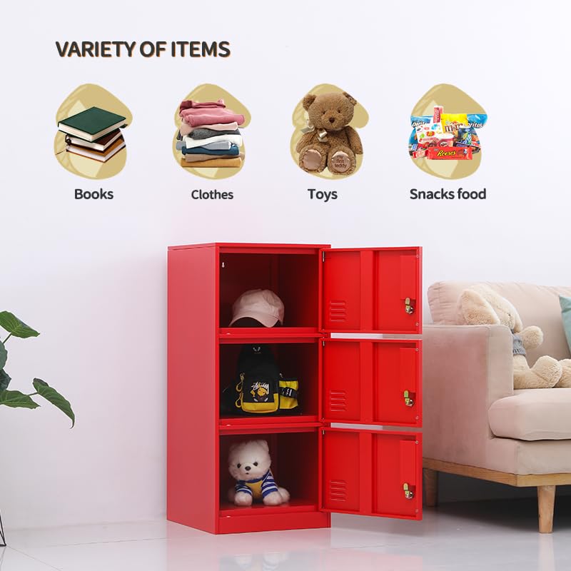 3-Door Metal Vertical Storage Locker for Kids Bedroom - Stackable Steel Cabinet for Toys, Sports Equipment & School Supplies with Anti-Tip Safety Device (Red) - Perfect for Home, Office & Classroom Organization
