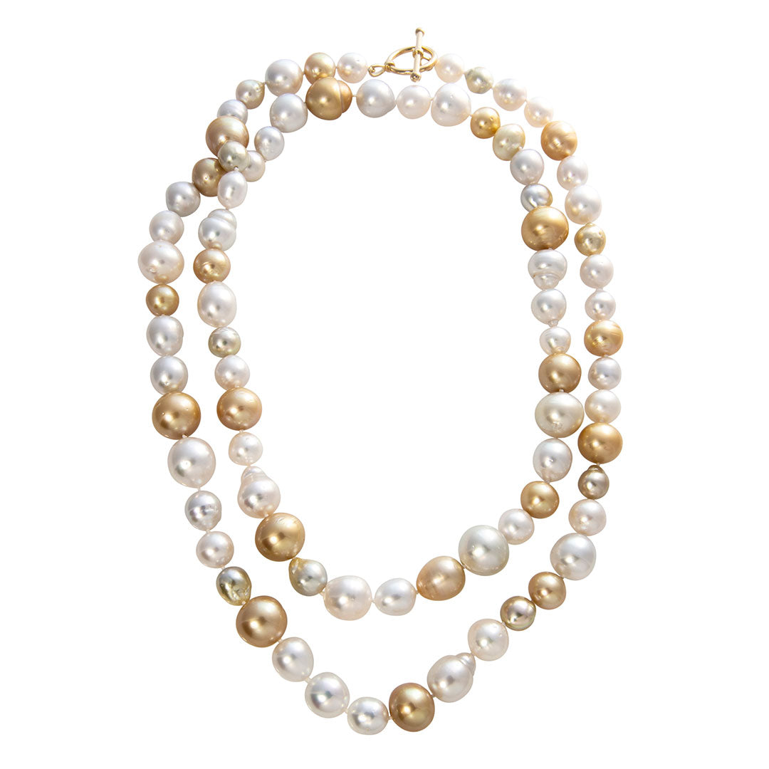 14K Gold Toggle Clasp Necklace with Golden & White South Sea Pearls - Elegant Jewelry for Weddings, Parties & Special Occasions