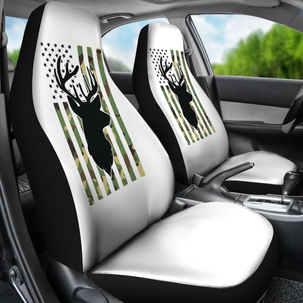Premium Green Camo American Flag Deer Hunting Car Seat Covers - Durable & Waterproof - Perfect for Trucks, SUVs & Off-Road Adventures (Model 211803)
