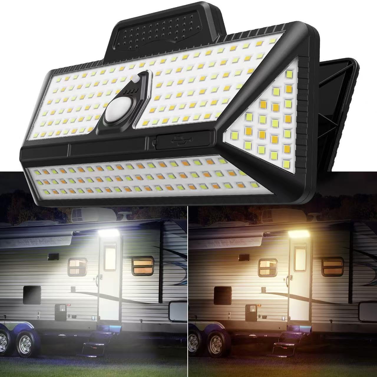Solar RV Porch Lights with Motion Sensor - 208 LED Clip-On RV Awning Light, 3 Color Modes, Remote Control - Perfect for RV Camper Trailers, Outdoor Patio, Deck, and Camping Lighting