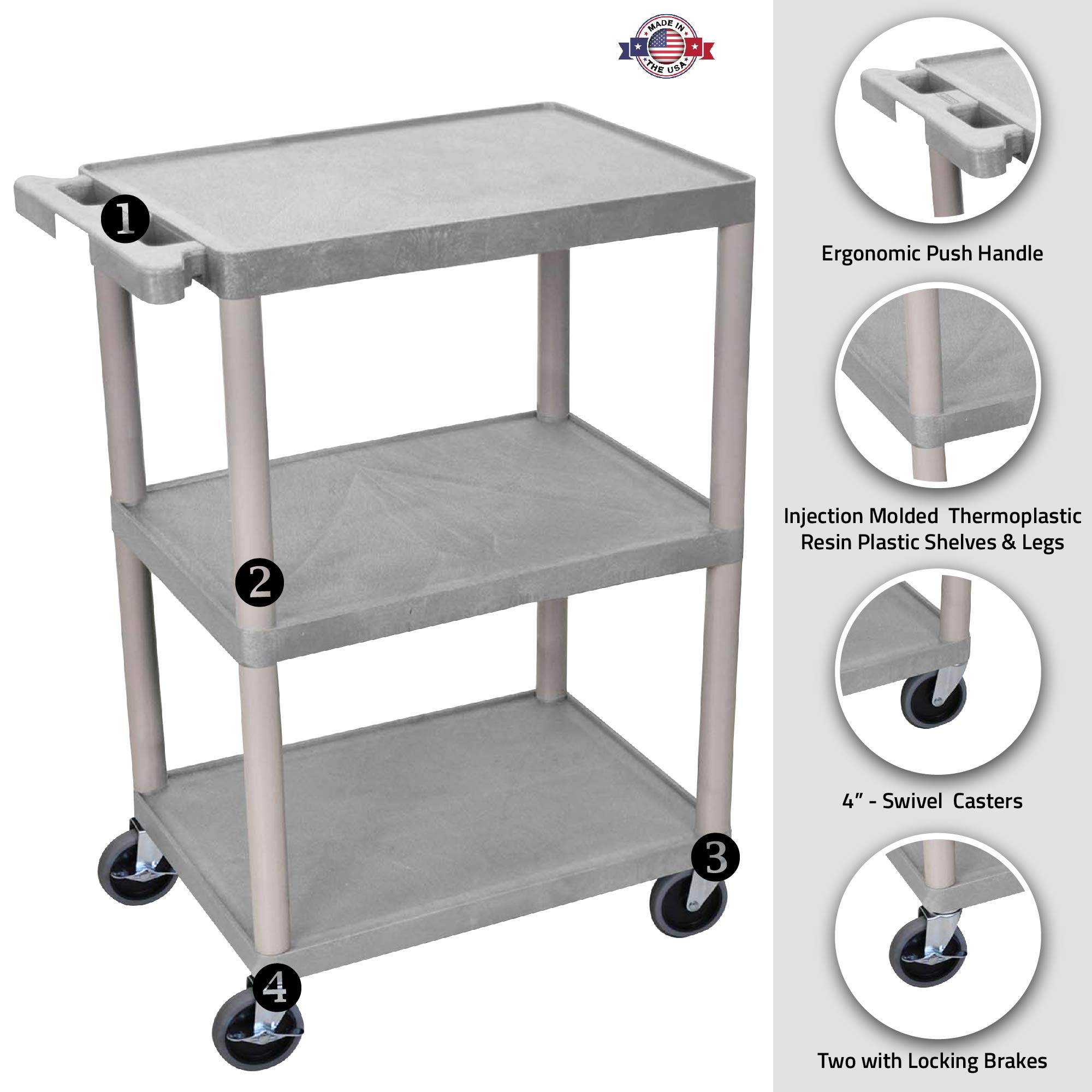 Luxor 3-Tier Utility Cart with Multipurpose Storage - Durable Structural Foam Plastic in Gray | Perfect for Kitchen, Bathroom, Office & Garage Organization