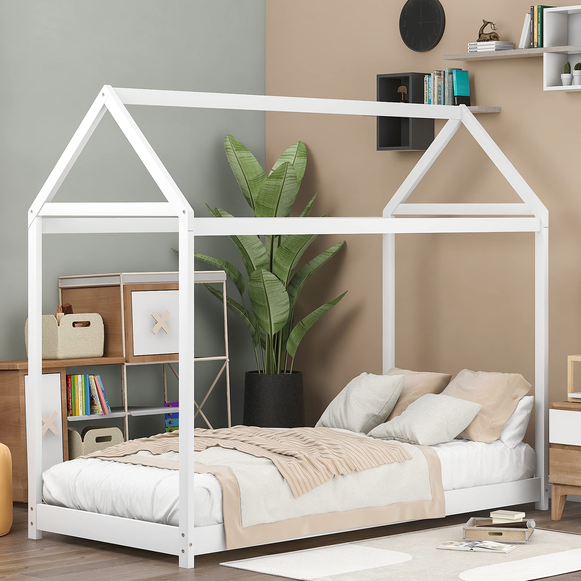 Merax Twin Size Wooden House Bed with Roof for Kids - Sturdy Wood Floor Bed Frame for Boys and Girls - Perfect for Playrooms, Bedrooms & Kids' Sleepovers
