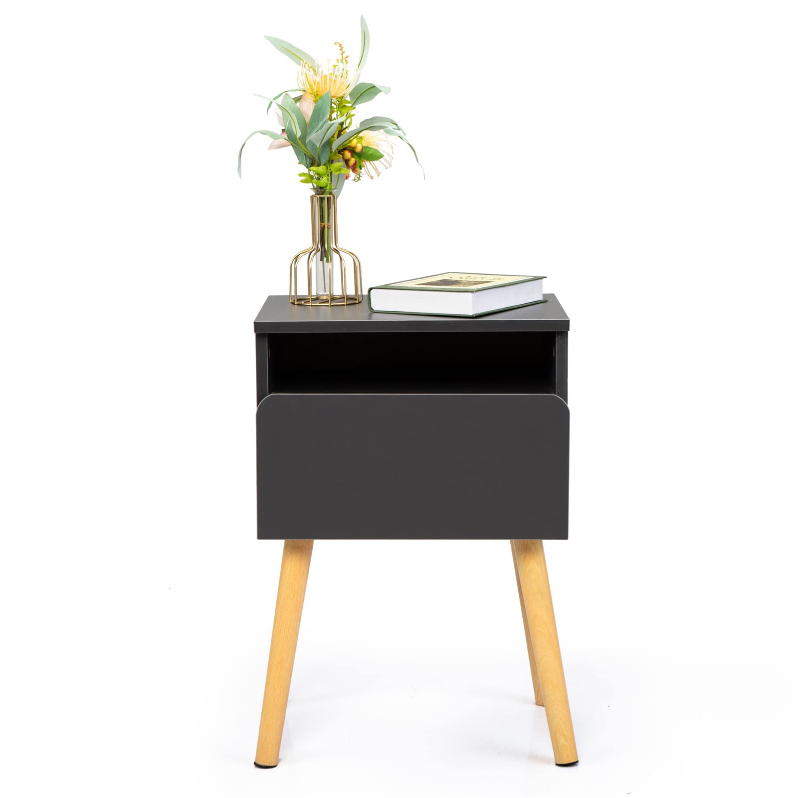 Modern Grey Wood Nightstand with Drawer & Open Shelf - Solid Wood End Table for Bedroom, Living Room & Sofa Side | Perfect for Small Spaces, Apartment Decor & Guest Room Furniture