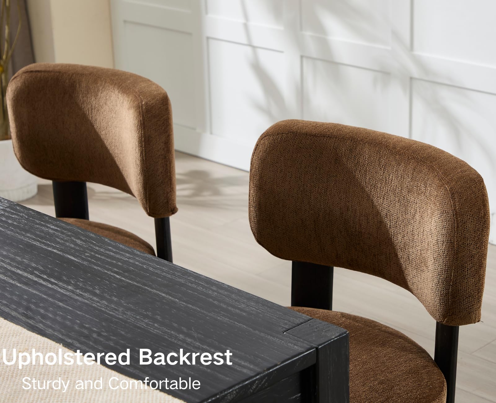 Mid Century Modern Dining Chairs Set of 2 - Brown Upholstered Wooden Farmhouse Kitchen Chairs, Armless Accent Side Chairs with Chenille Fabric for Dining Room & Living Room - Perfect for Home Decor, Kitchen Breakfast Nook, and Small Space Dining
