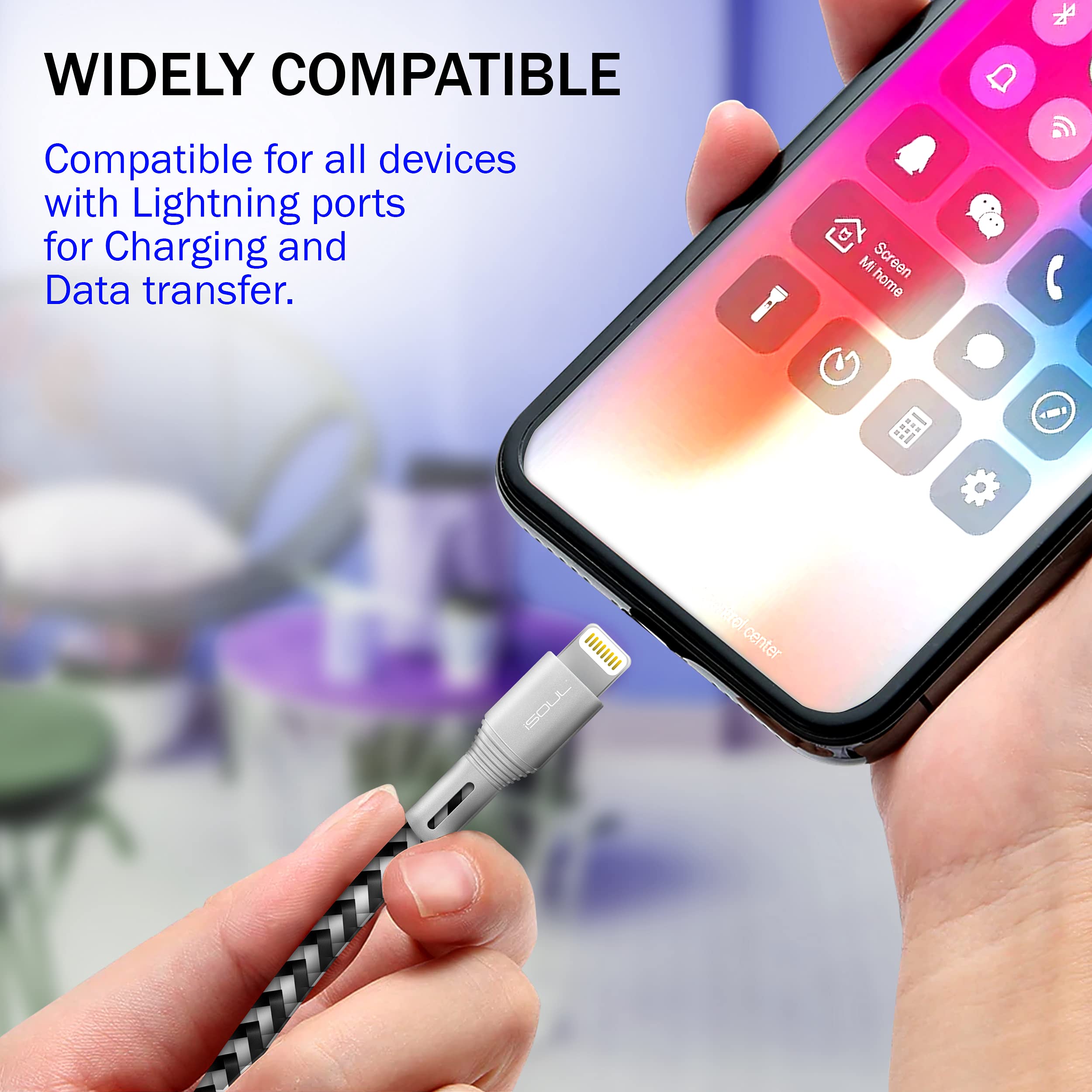 Premium 6.5ft Braided Lightning Cable - Fast Charging USB Cable for iPhone 13/12/11/XR/XS/X/8/7/6/SE & iPad | Durable Nylon Cord for Home, Office & Travel Charging