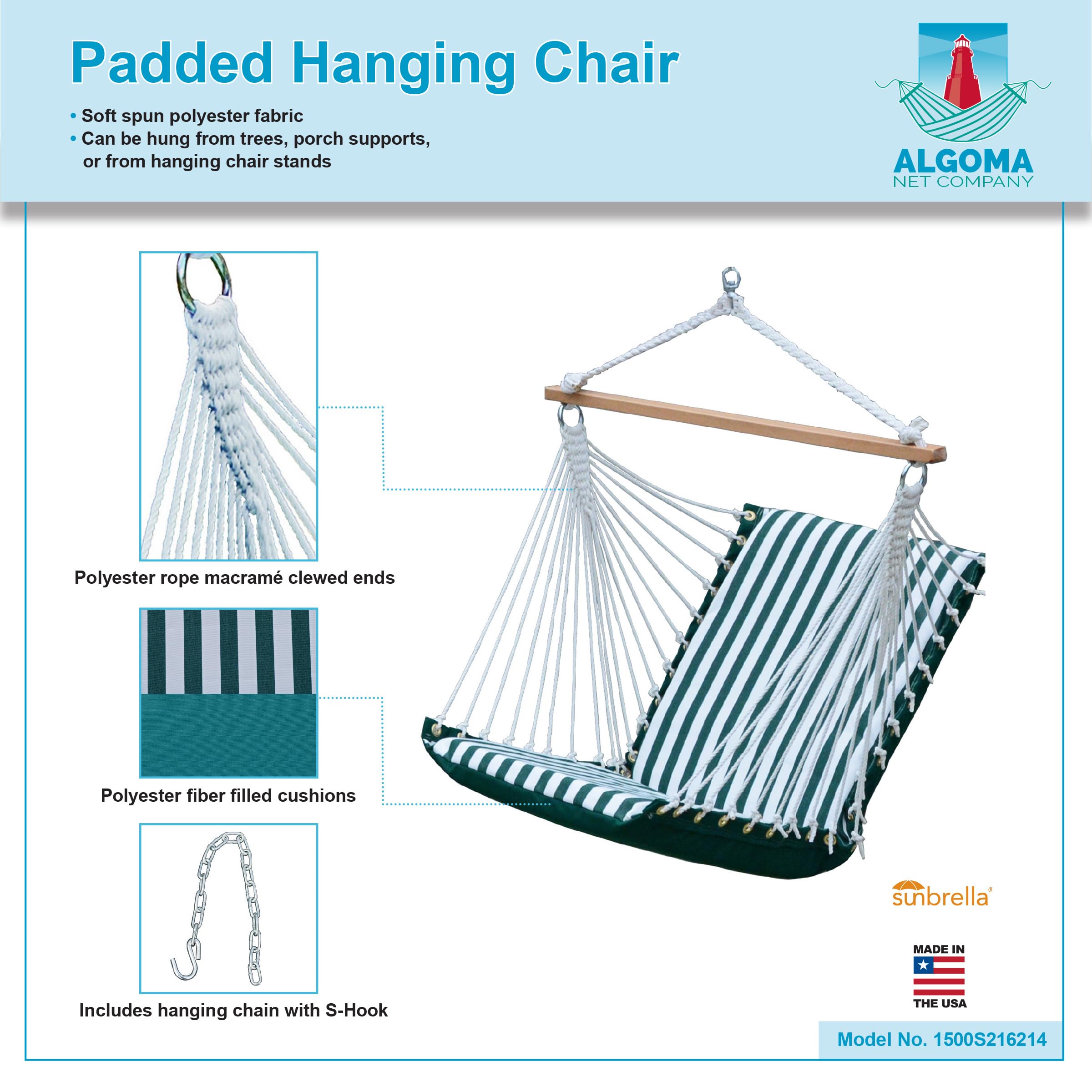 Algoma Net Company Sunbrella Soft Comfort Hammock Hanging Chair - Breathable Outdoor Lounge Chair for Patio, Garden & Backyard - Green One Size