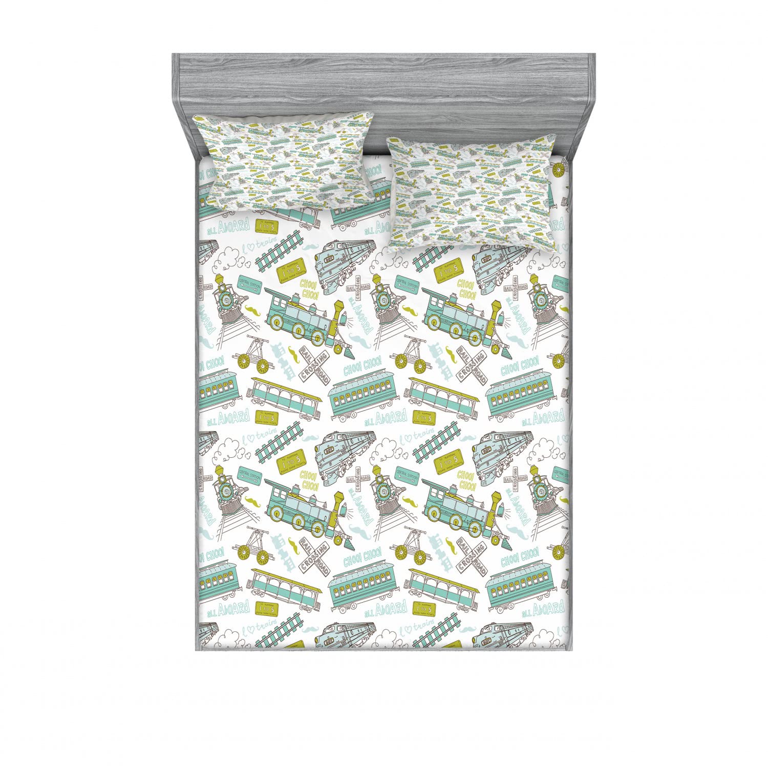 Ambesonne 2-Pack Pastel Train Pattern Fitted Sheet & Pillow Sham Set - Queen Size Bedding (4-Piece Set) | Apple Green & Turquoise Travel-Themed Decor for Bedroom, Guest Room, or Vacation Home