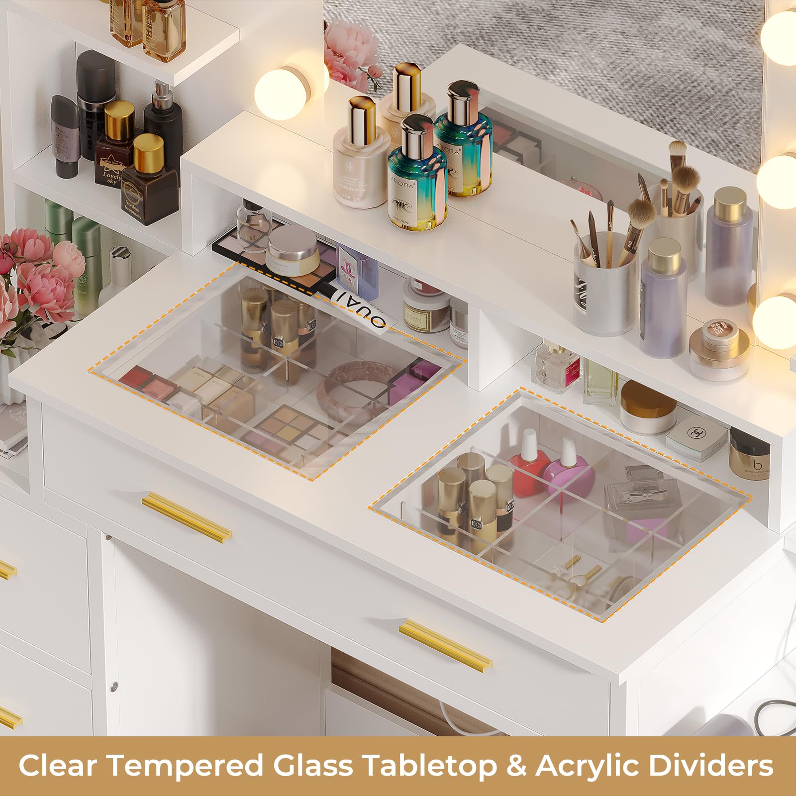 White Glass Top Vanity Desk with LED Lights & Charging Station - 10x Magnifying Mirror, 8 Drawers, Acrylic Organizers - Perfect Makeup Vanity for Bedroom, Dressing Room & Beauty Salon