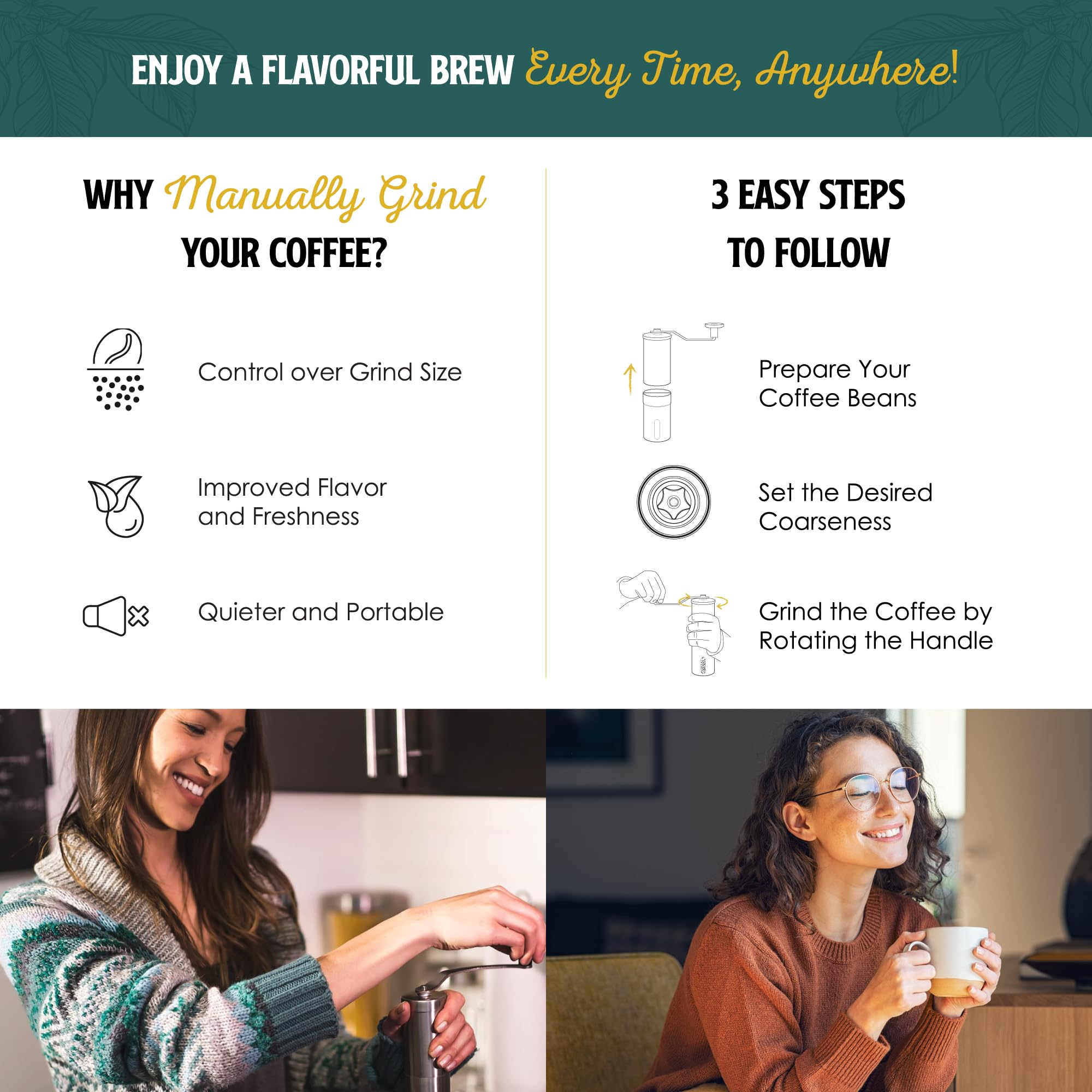 Premium JavaPresse Manual Coffee Grinder - 18 Adjustable Stainless Steel Conical Burr for Espresso, French Press & Pour Over - Portable Hand Crank Coffee Mill for Camping, Travel & Home Brewing - Perfect for Outdoor Adventures & Daily Coffee Rituals