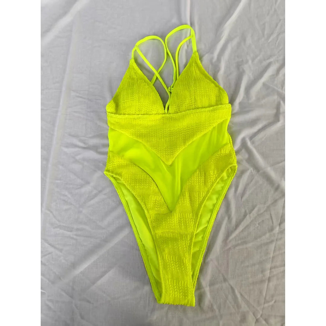XXL V-Neck Mesh Sheer One Piece Swimsuit for Women - High Leg Cut Monokini Bathing Suit in 5 Colors (V6168) | Perfect for Beach Vacations, Pool Parties & Summer Getaways