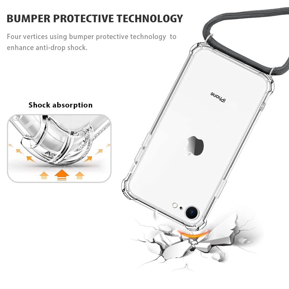 YESPURE Clear Shockproof TPU Case for iPhone SE 2/3/7/8 (2020/2022) with Adjustable Neck Strap & Lanyard - Gray | Slim Protective Phone Cover for Everyday Use, Travel & Outdoor Activities