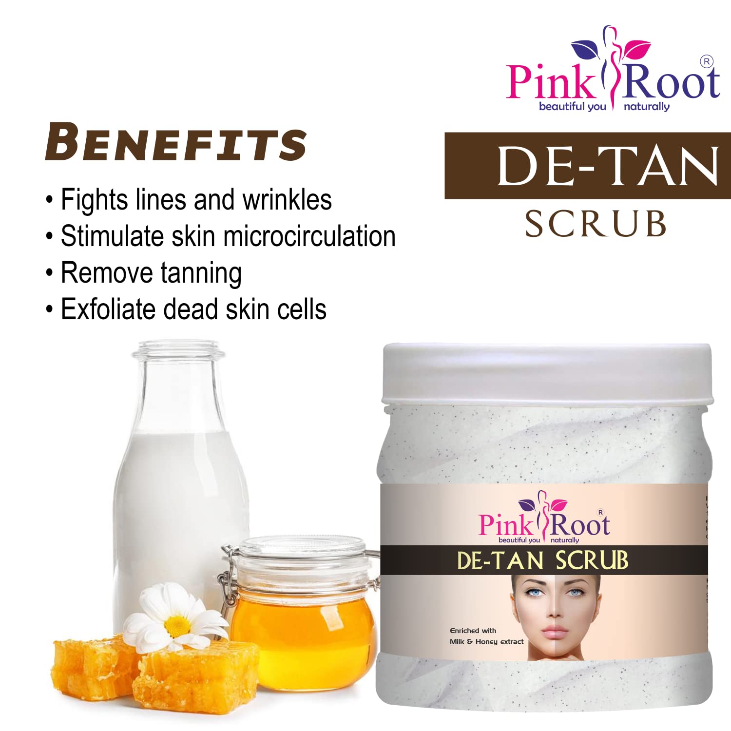 Pink Root DE-TAN Scrub with Milk & Honey Extract - 500gm Exfoliating Face & Body Scrub for Glowing Skin - Perfect for Daily Skincare & Post-Sun Care