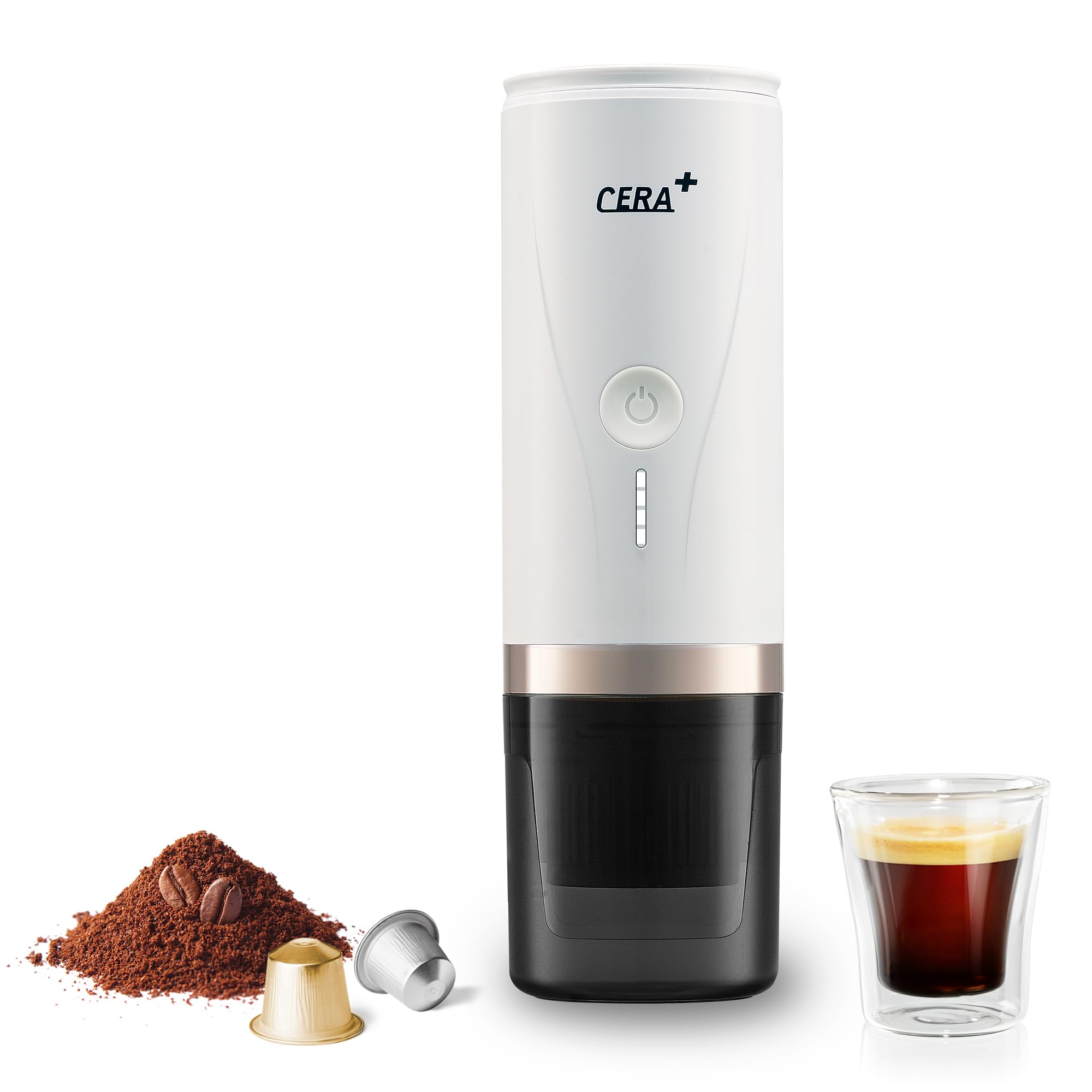 CERA+ Portable Electric Espresso Machine - 20 Bar Pressure Self-Heating Coffee Maker for NS Pods & Ground Coffee | Compact Travel, Camping, Office & Home Use (White) | Perfect for Outdoor Adventures & Daily Coffee Rituals