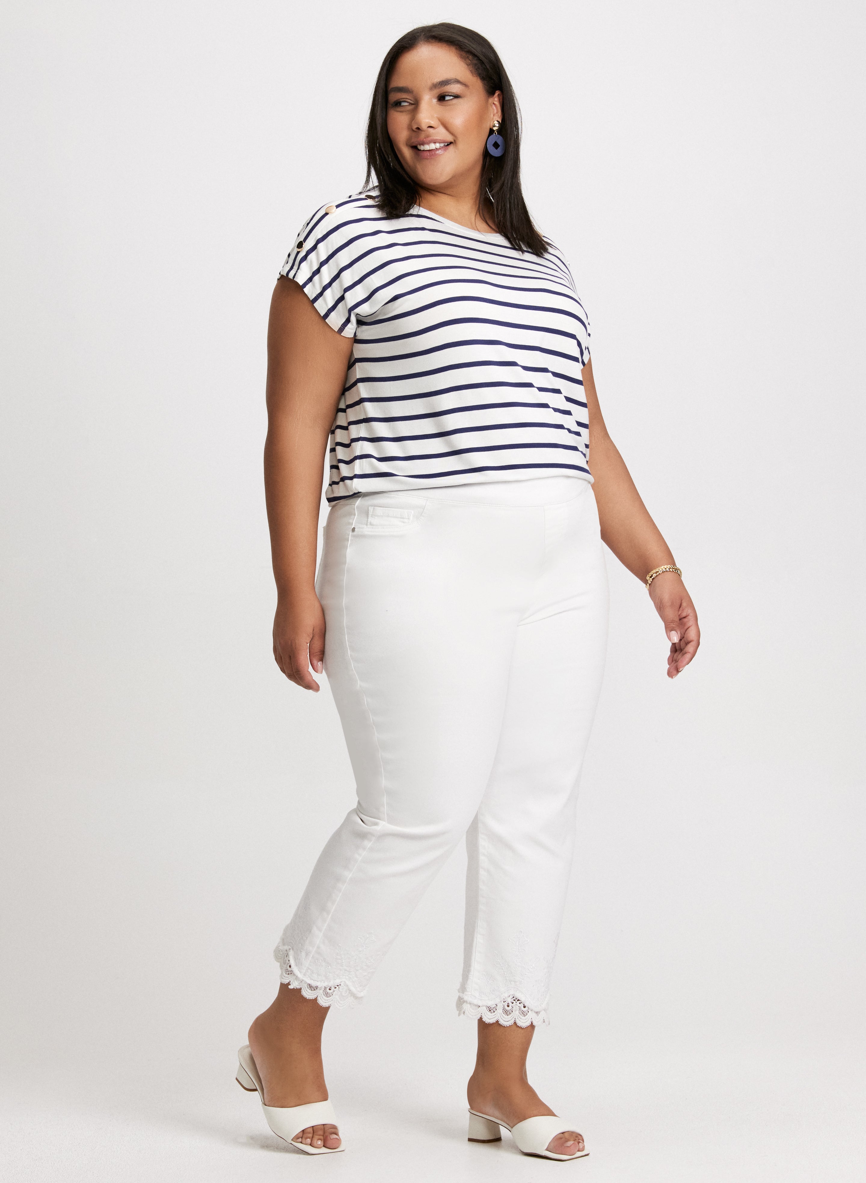 Stylish Buttoned Shoulder Striped T-Shirt for Women | Trendy Casual Top for Everyday Wear | Perfect for Office, Outings & Date Nights