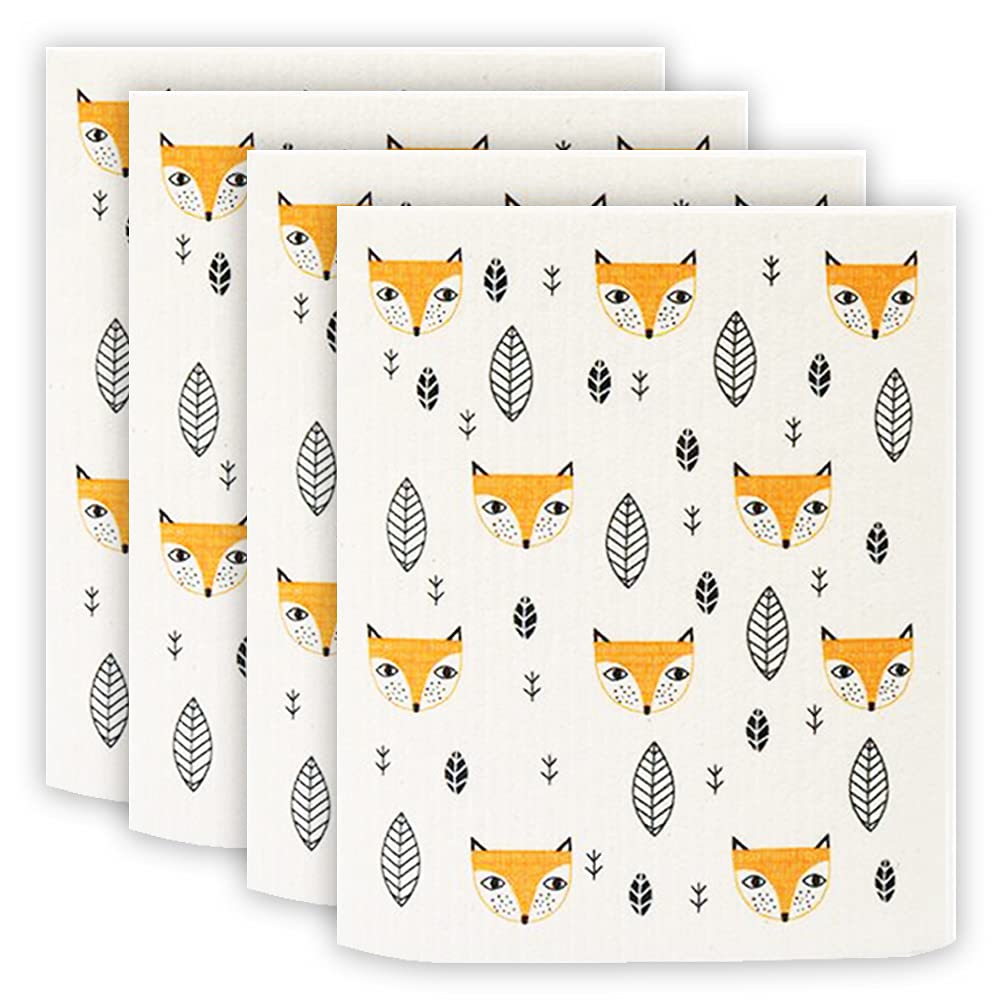Eco-Friendly Swedish Dishcloths Set of 4 - Super Absorbent, Fast Drying, Odor-Free Reusable Kitchen Towels for Dishes, Countertops & Cleaning (Fox Design) - Perfect for Green Homes & Sustainable Living