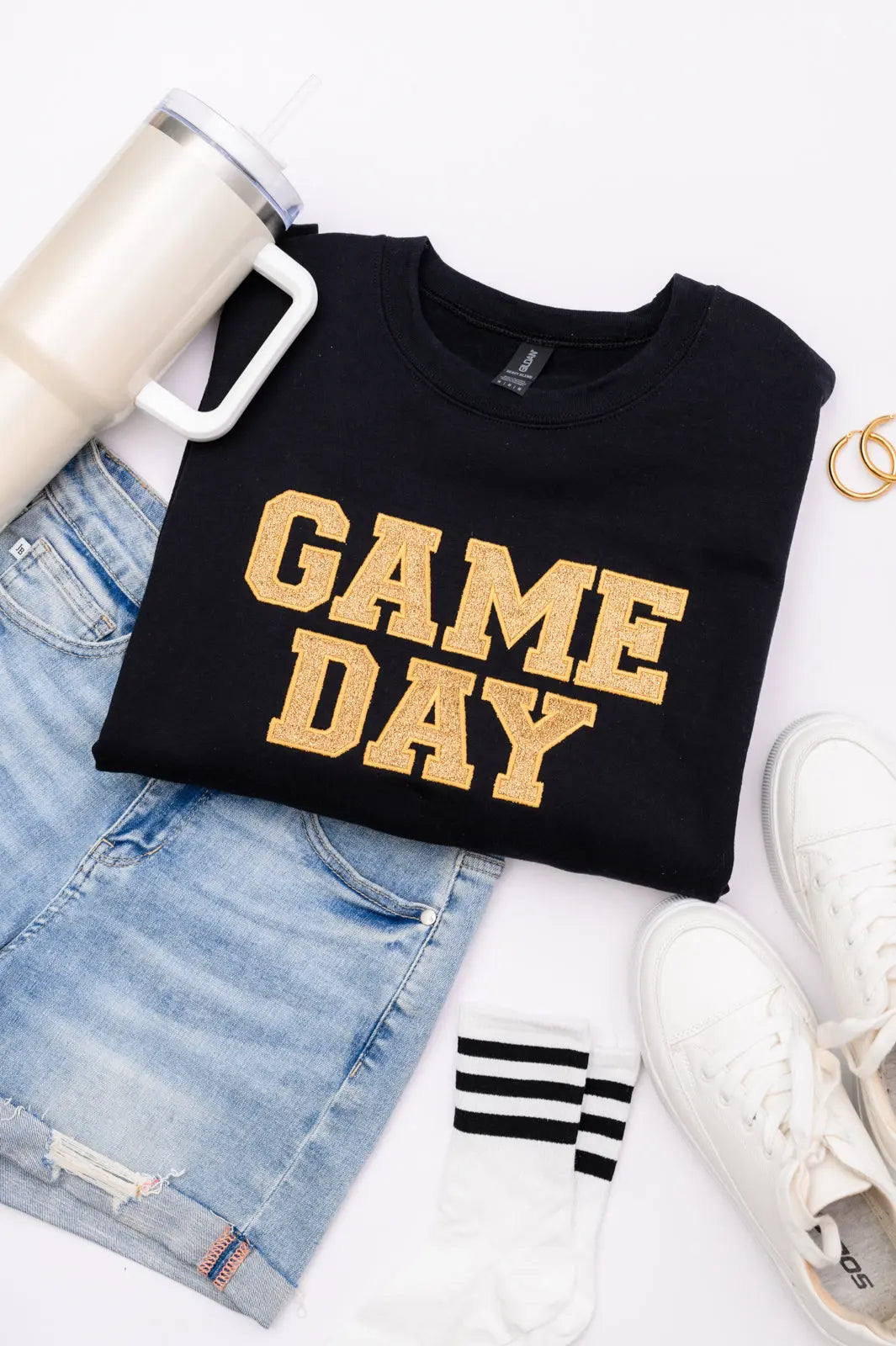 PREORDER: Embroidered Glitter Game Day Sweatshirt - Black & Old Gold | Perfect for Football Tailgates, College Parties & Sports Events