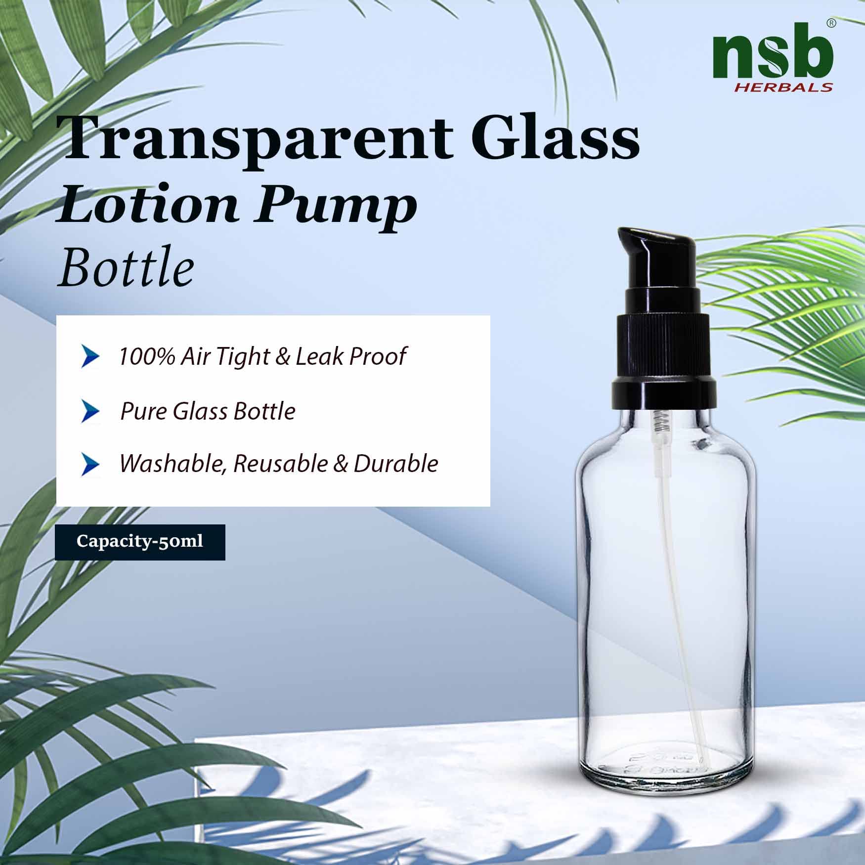 NSB Herbals 50ml Clear Round Empty Glass Bottle with Lotion Pump & Black Cap - Essential Oil Bottles, DIY Skin Care, Cosmetic Containers (Pack of 3) | Perfect for Aromatherapy, Homemade Serums & Travel-Sized Beauty Products