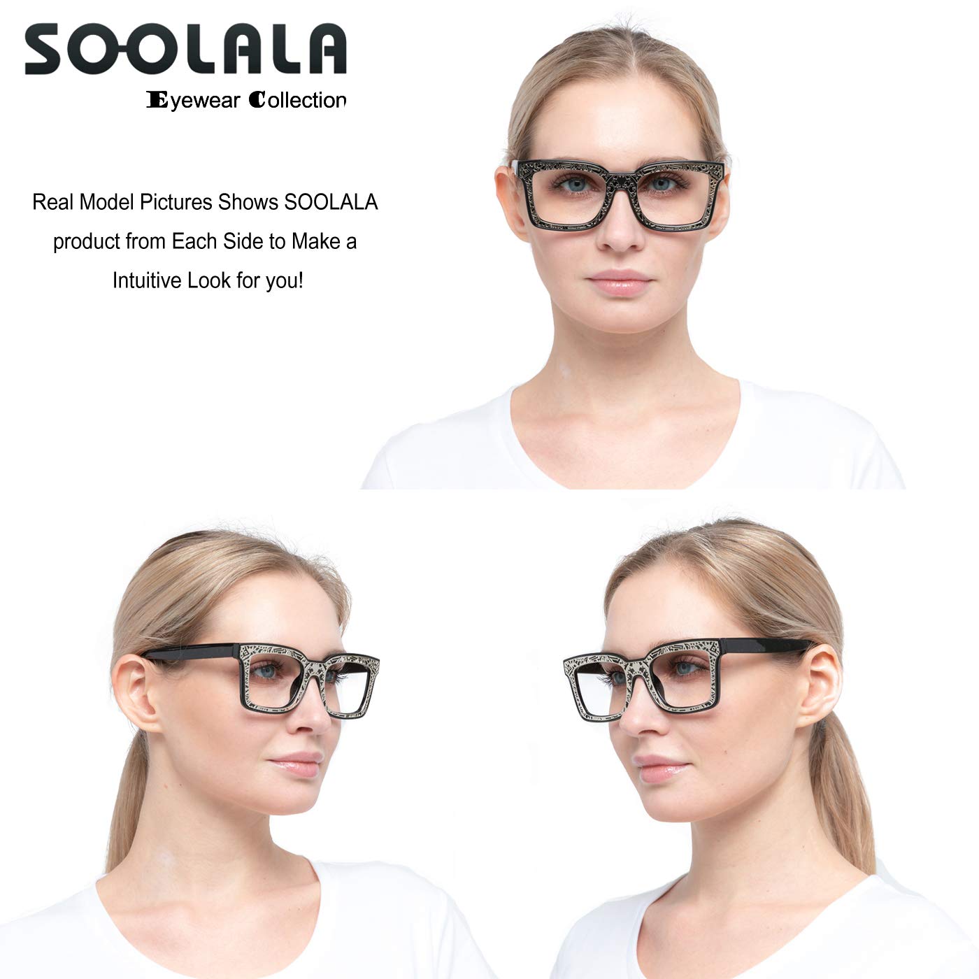 SOOLALA Women's Fashion Square Reading Glasses - Trendy Patterned Frame Readers (1.0-3.5 Strength) for Reading, Computer Use & Close Work