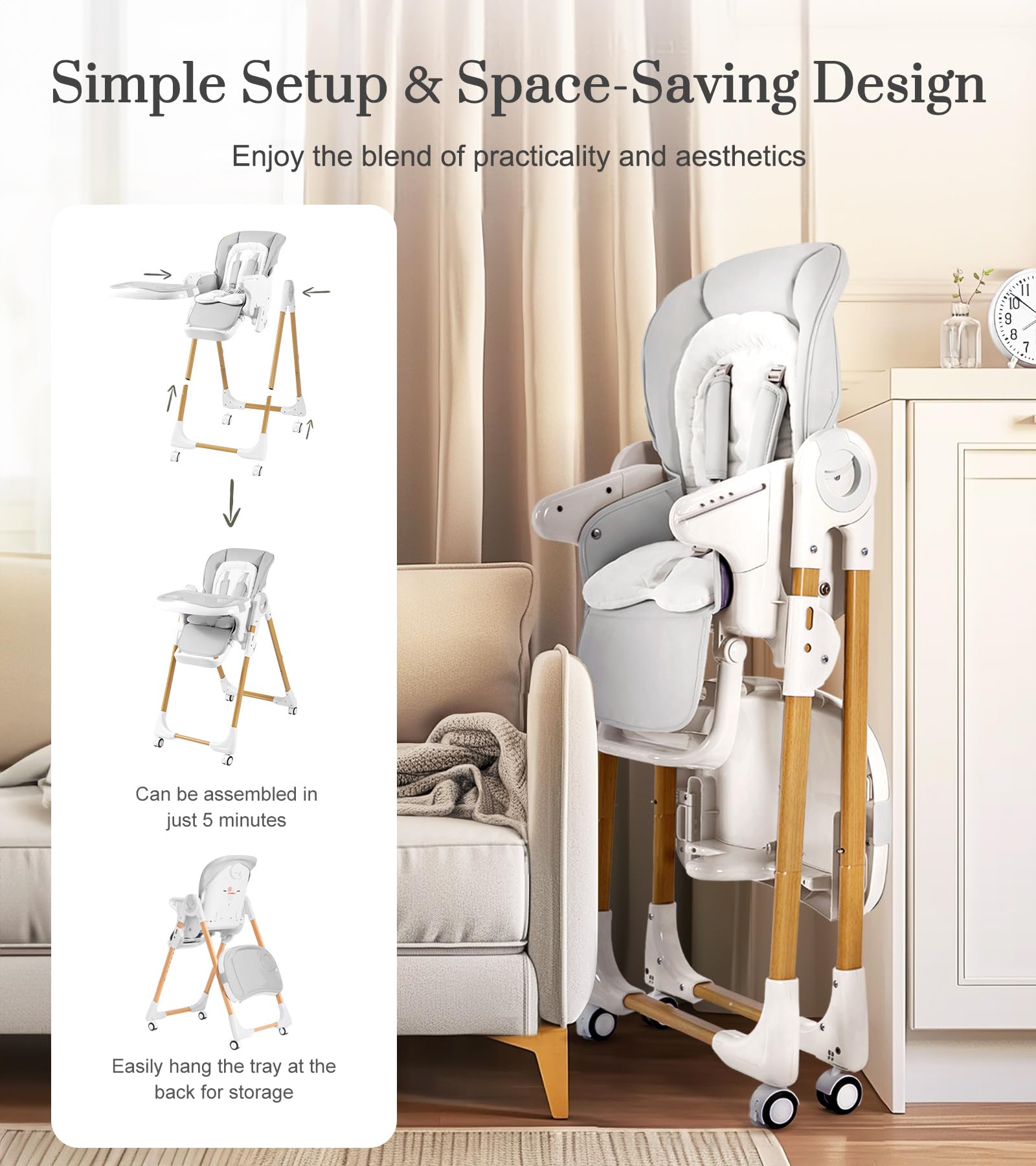 Convertible High Chairs for Babies & Toddlers - Adjustable Height Baby Dining Chair with Removable Tray, Reclining Backrest & Footrest | Portable Infant Highchair with Locking Wheels for Home, Restaurant & Travel Use