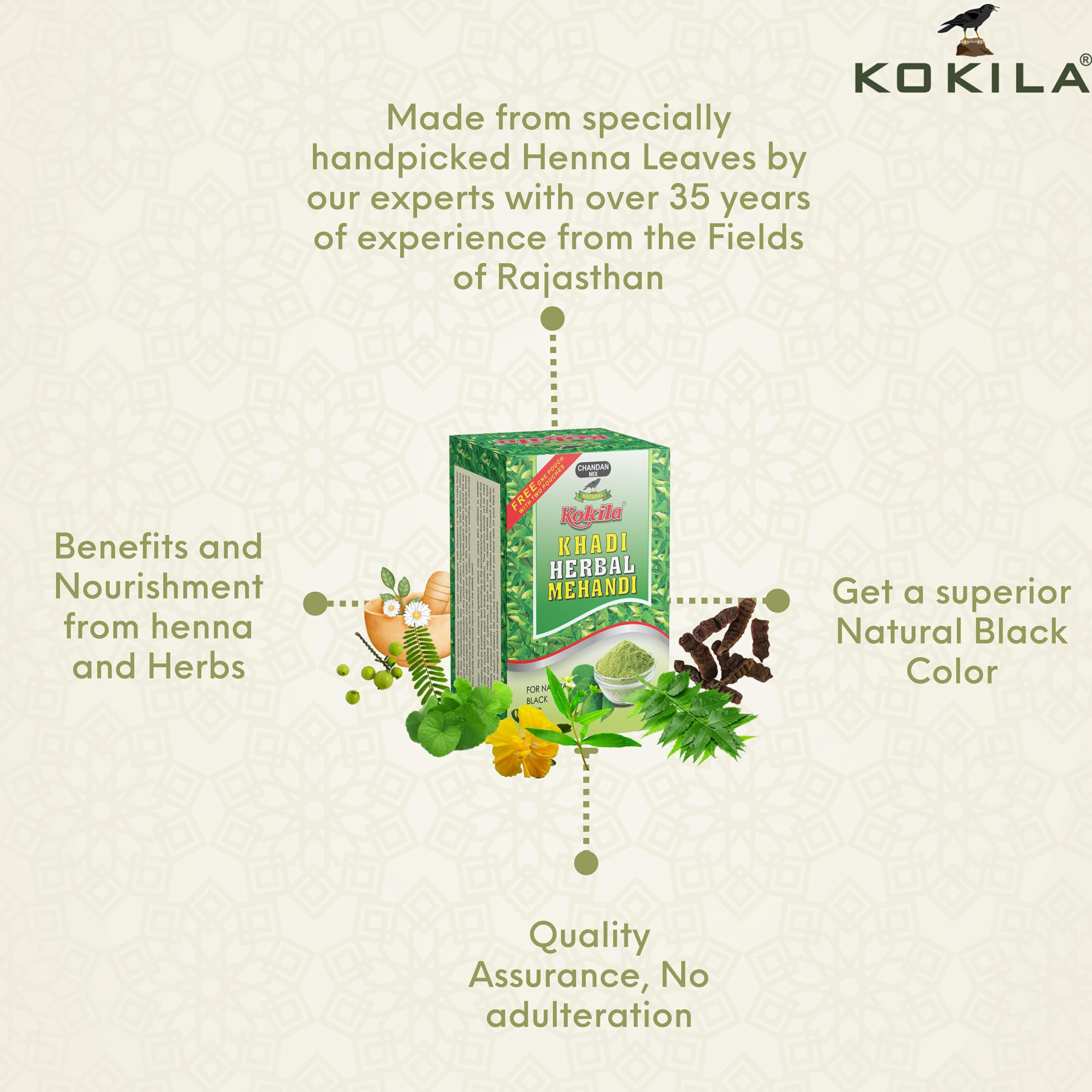 Kokila Khadi Herbal Mehandi Sandalwood Mix Powder - 100% Ayurvedic Herbs for Hair & Skin Care - Pack of 3 Boxes (9 Pouches, 20g Each) - Perfect for Bridal Mehendi, Festivals & Natural Beauty Treatments