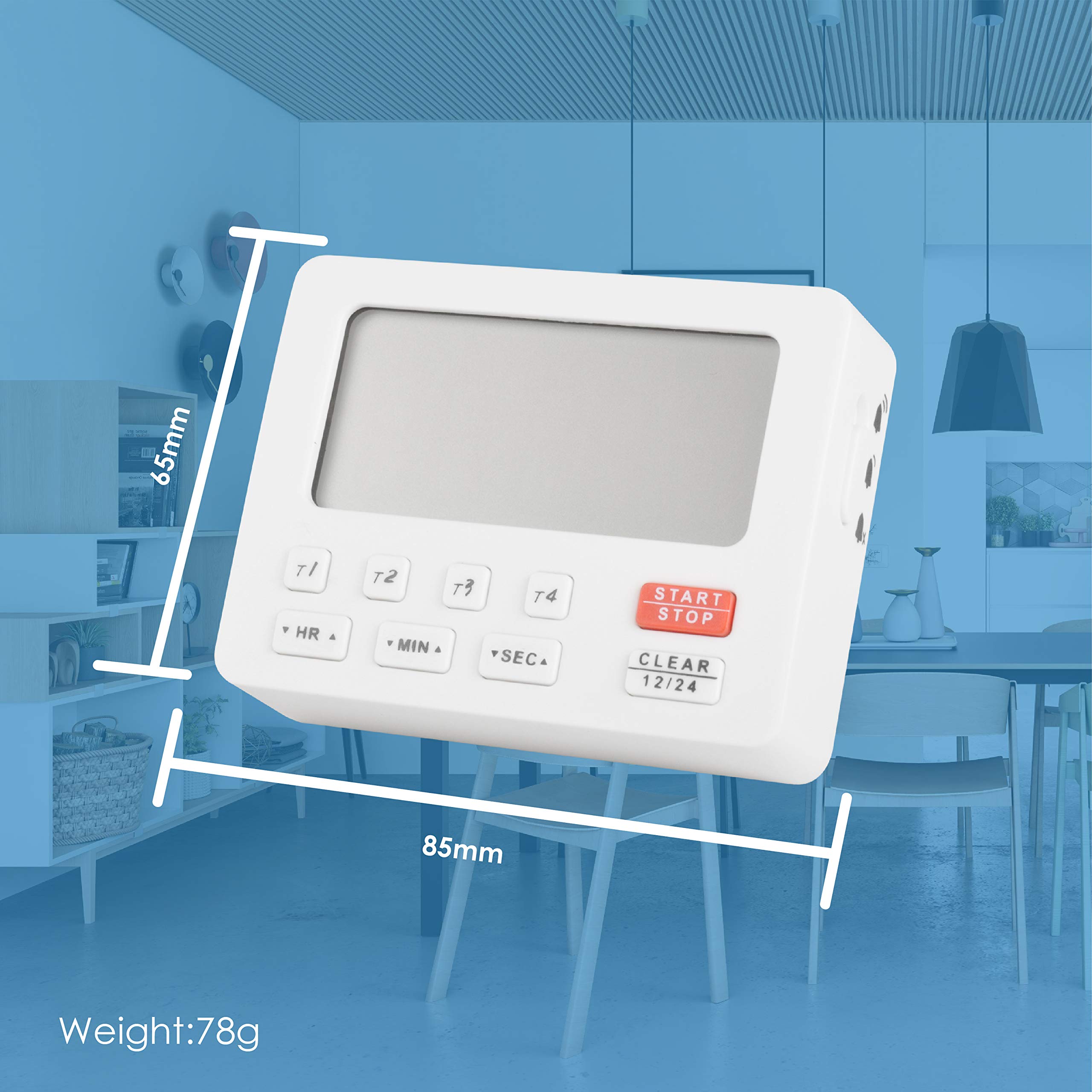 Runleader Digital Kitchen Timer with 4 Tracking Channels - Countdown & Stopwatch, 12/24 Hour Clock, Magnetic Back & Loop - Perfect for Cooking, Baking, Lab Work, Homework, and Exercise (White-206)